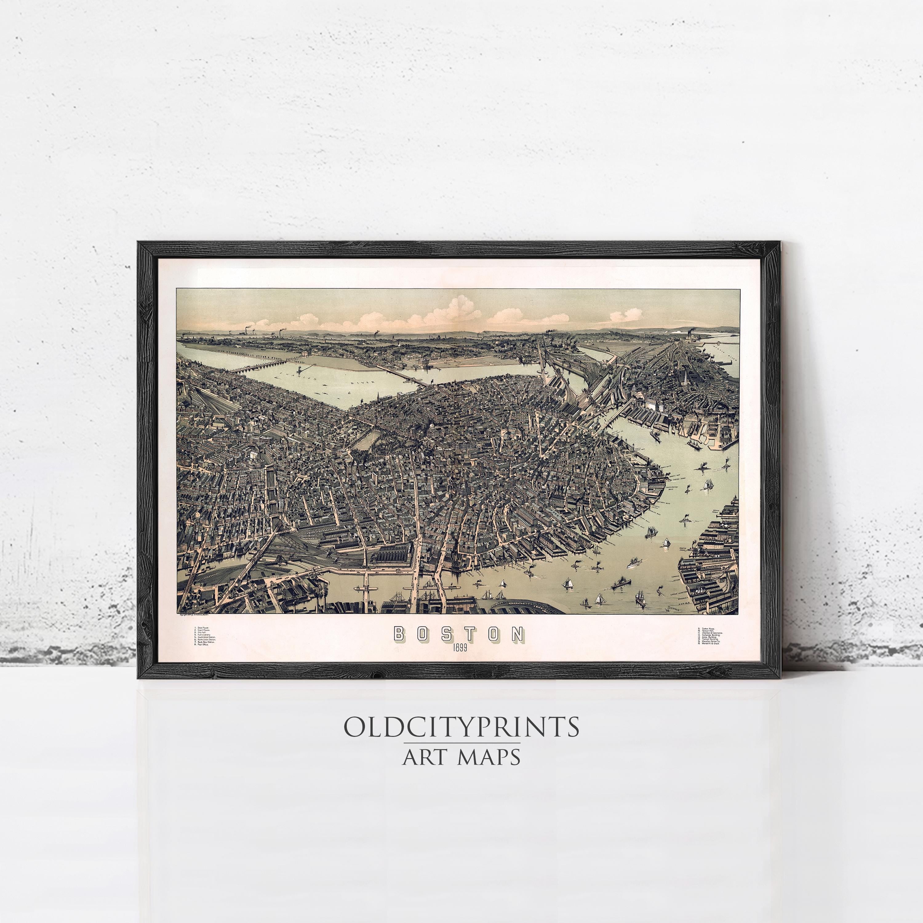 The image is a framed art print depicting a detailed map of Boston, Massachusetts.