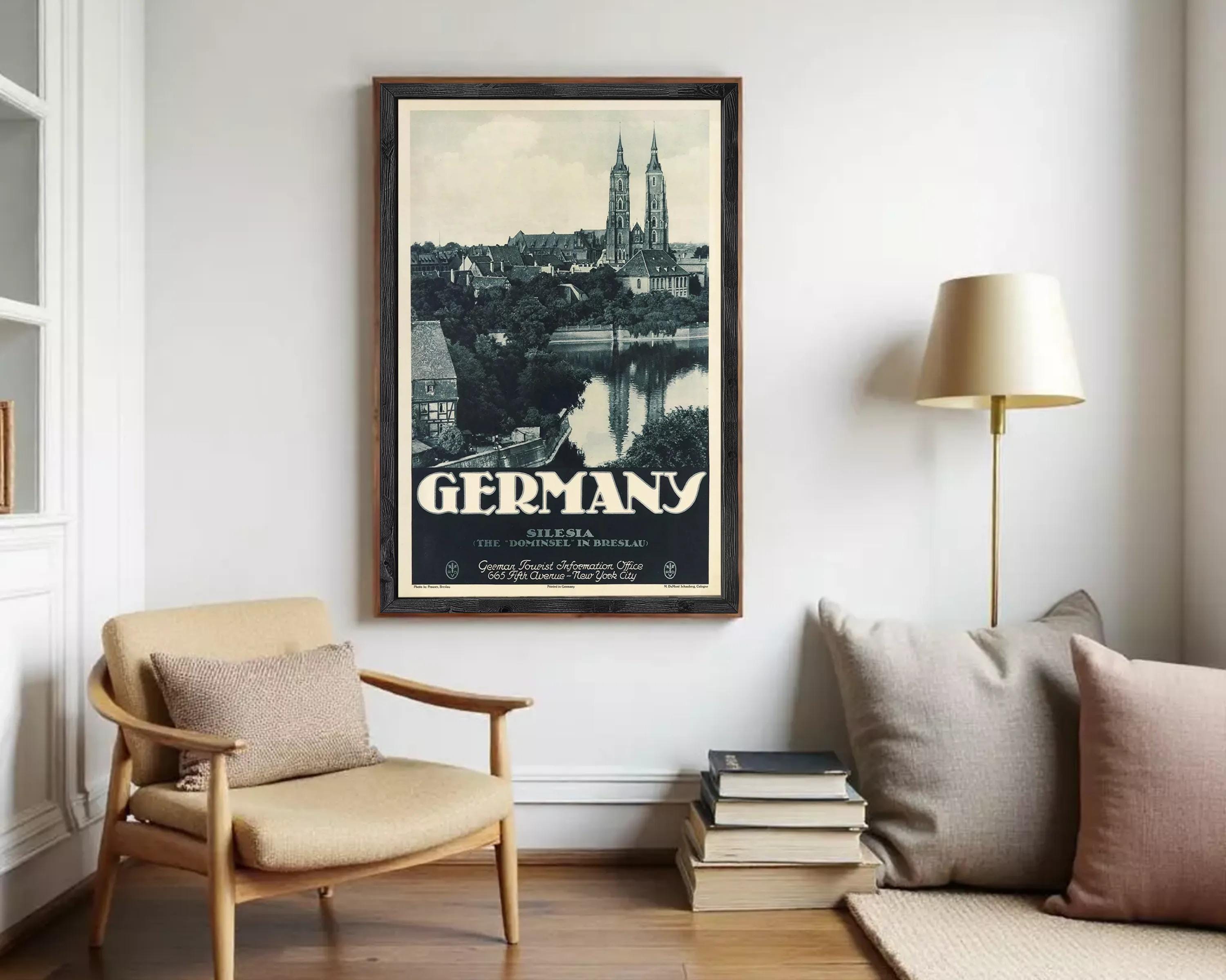 A framed vintage travel poster depicting the city of Silesia, Germany, with the city's iconic landmarks such as St. Peter's Basilica and the Neckar River in the background.