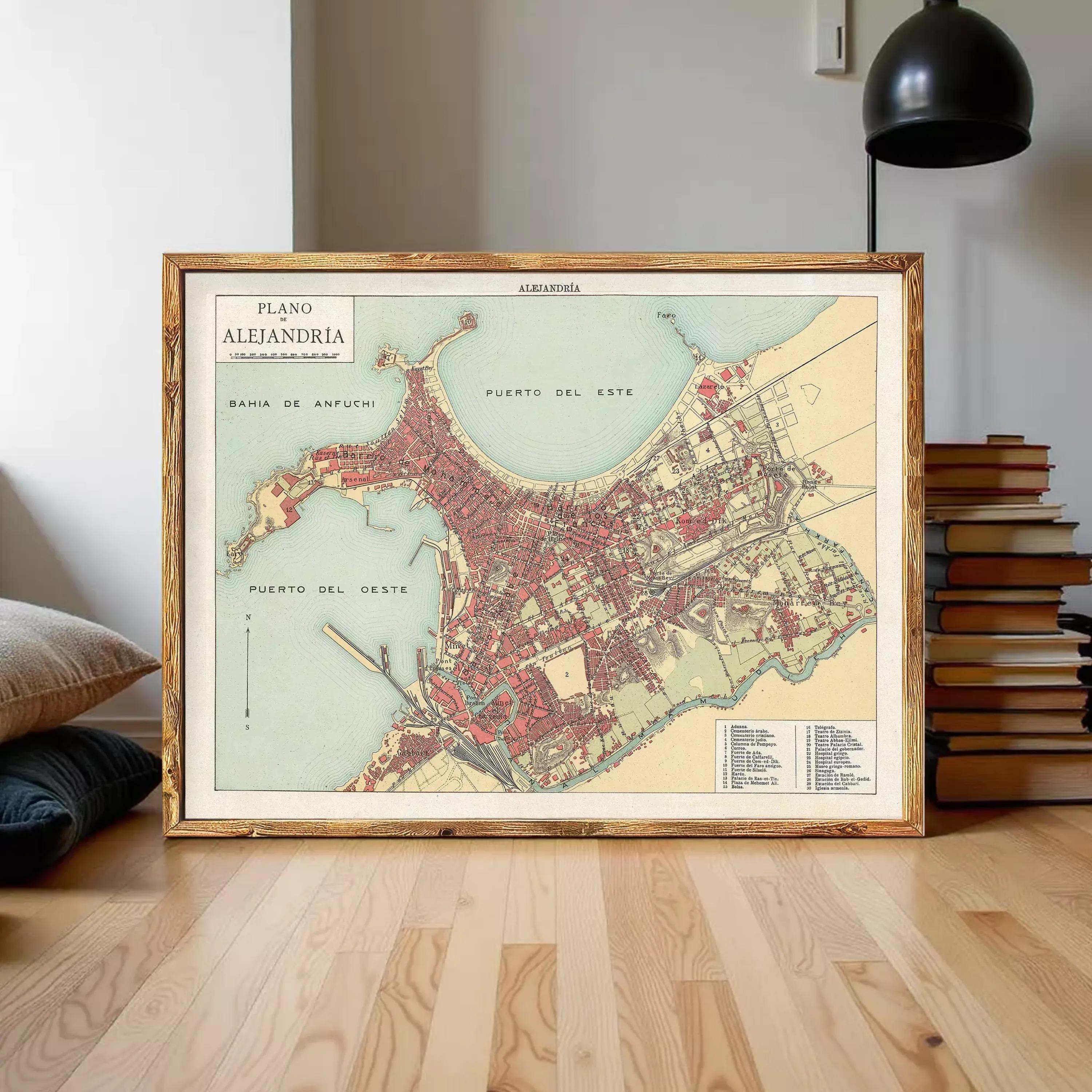 The image is a framed vintage map of the city of Aleppo, Syria, depicting the city's layout and surrounding areas.
