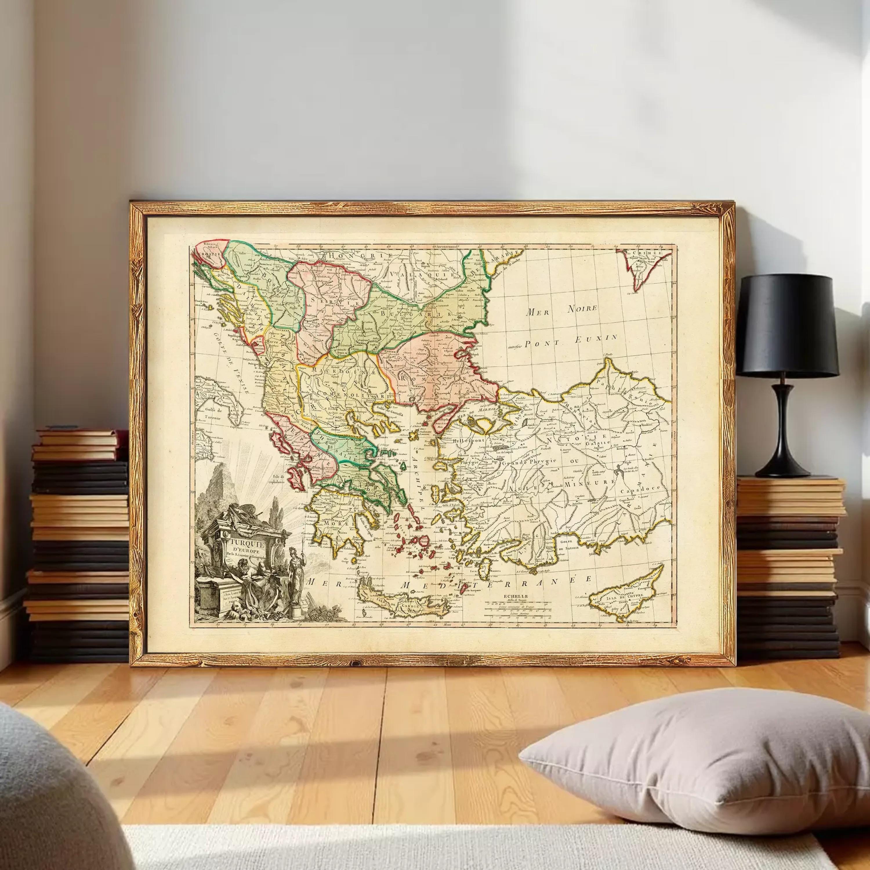 The image is a framed antique map of Europe, Asia, and the Middle East, depicting the geographical layout and boundaries of the regions during the time period when the map was created.
