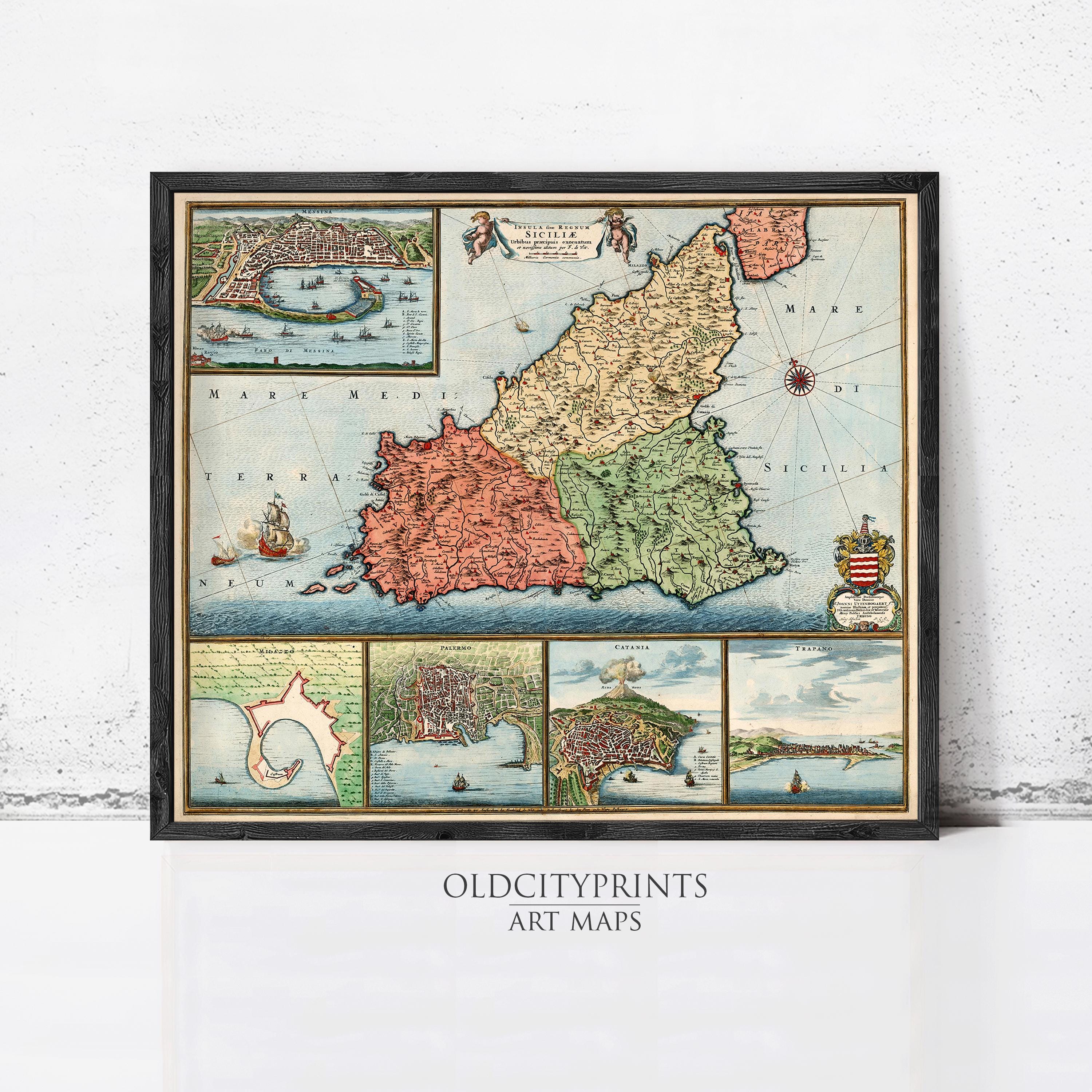 The image is a framed vintage map of a region, featuring various illustrations and details of the area.