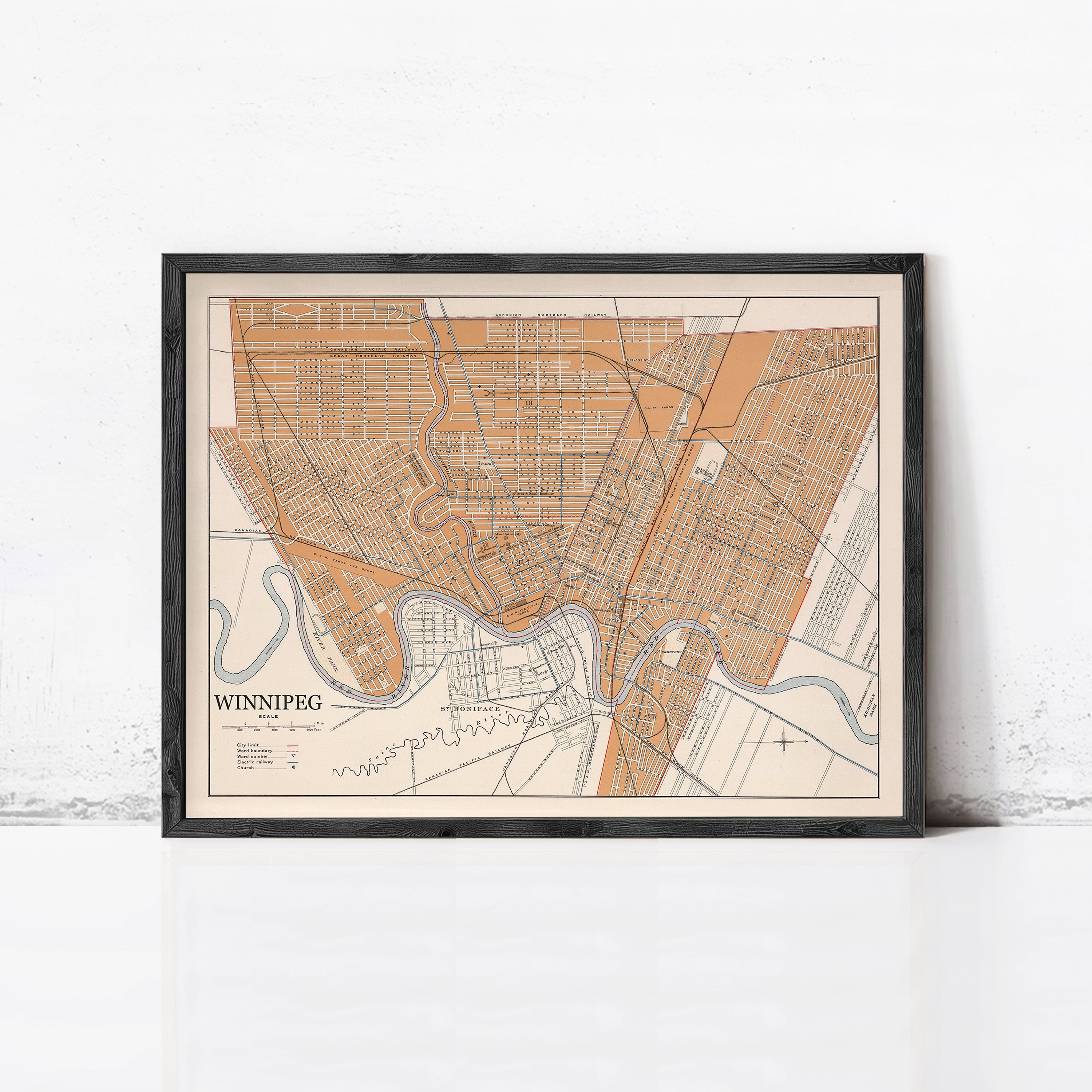 The image is a framed map of the city of Winnipeg, Canada.