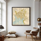 a large framed map of Oslo, Norway, hanging on a wall in a living room setting.