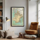 The image is a framed vintage map of New York City, depicting the city's streets, neighborhoods, and surrounding areas.