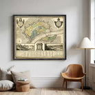 The image is a framed antique map of a city, depicting various landmarks and streets.