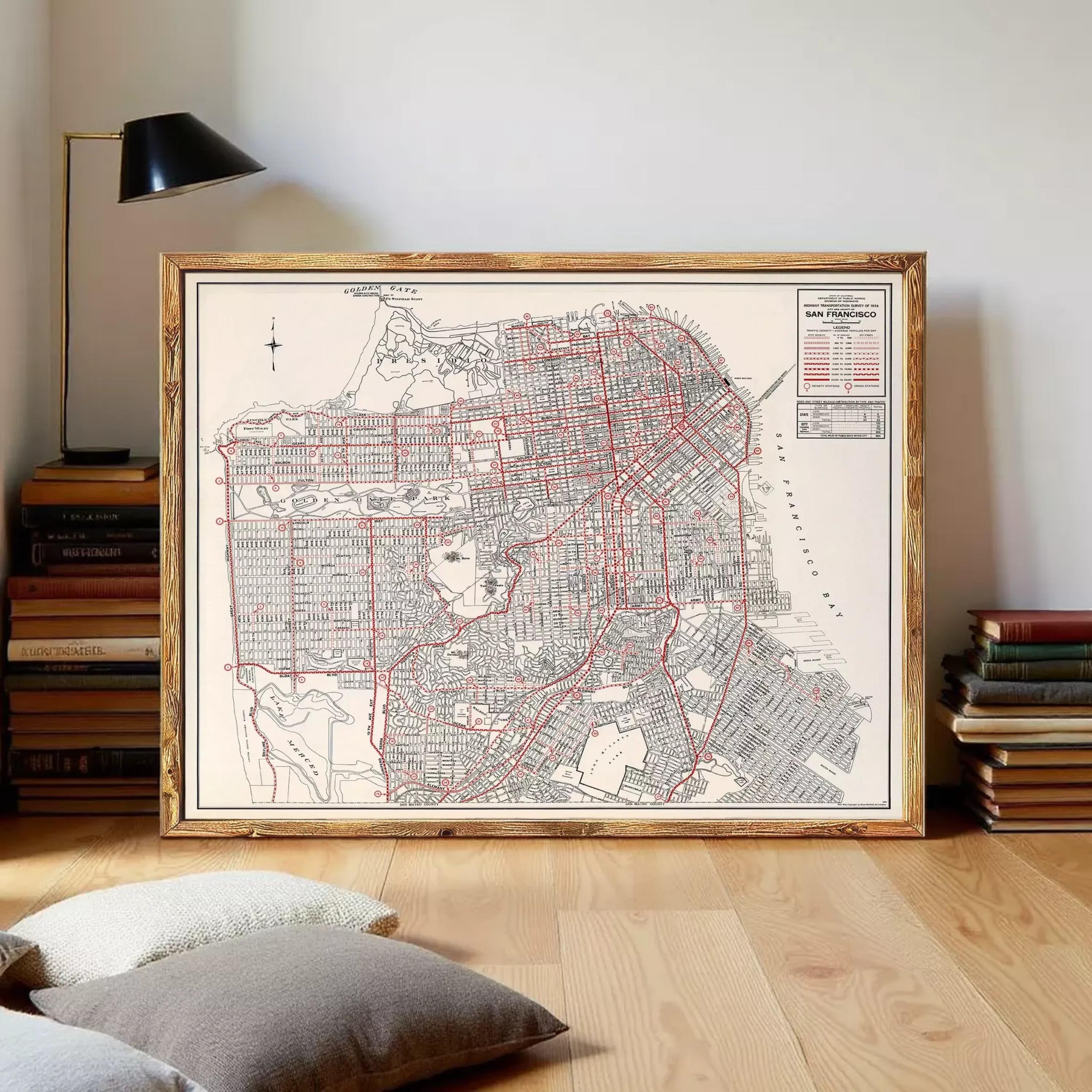 The image is a framed map of San Francisco, California, with a detailed and intricate design.