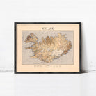 The image is a framed map of Iceland, depicting the country's geographical features and boundaries.