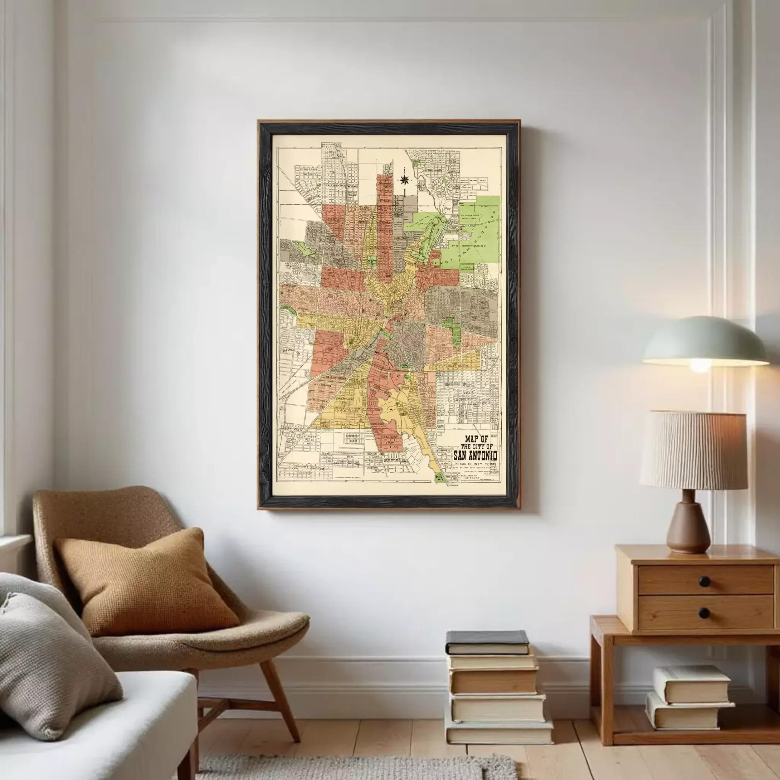 The image is a framed map of San Antonio, Texas, depicting the city's layout and surrounding areas.