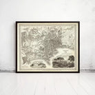 The image is a framed vintage map of a city, likely London, with detailed illustrations and labels.