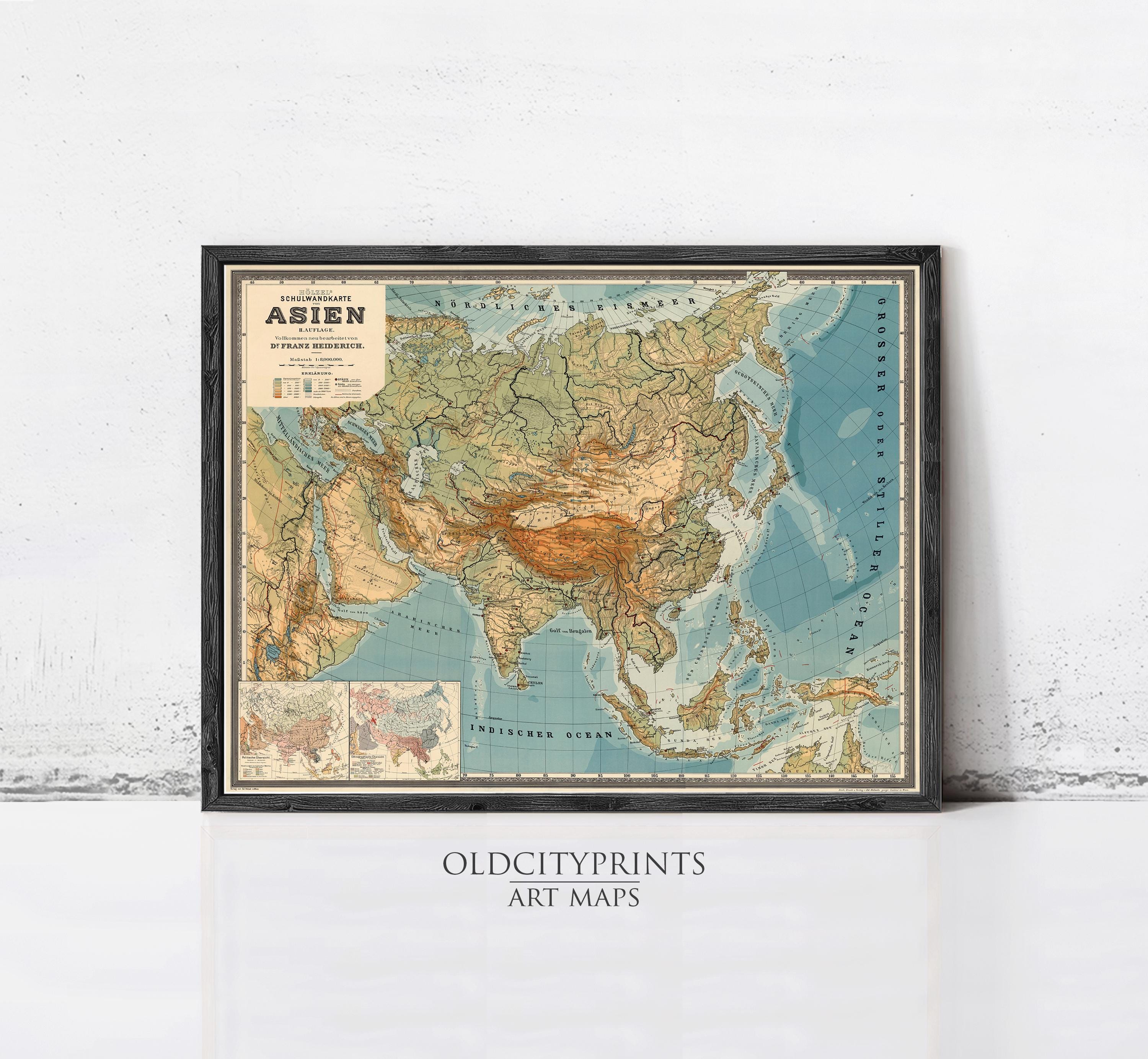 The image is a framed vintage map of Asia, specifically the Asiatic region, with a black border and a vintage-style design.