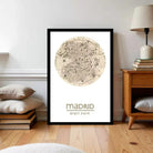 A framed map of Madrid, Spain, with the city's name and coordinates displayed.