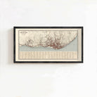 The image is a framed map of a city, likely London, with a detailed layout of the city's streets, landmarks, and surrounding areas.
