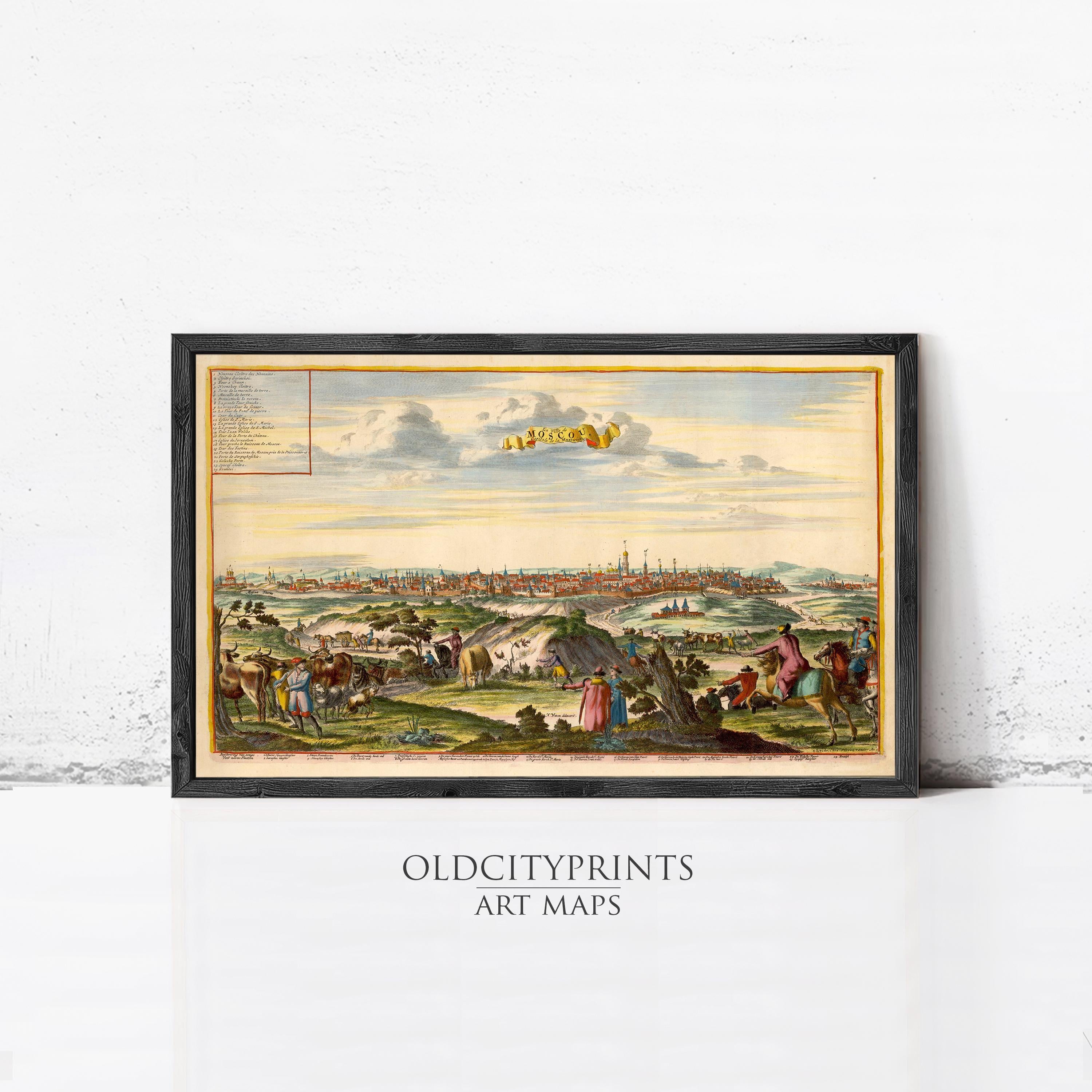 The image is a framed art print depicting a cityscape with people, horses, and buildings in the background.