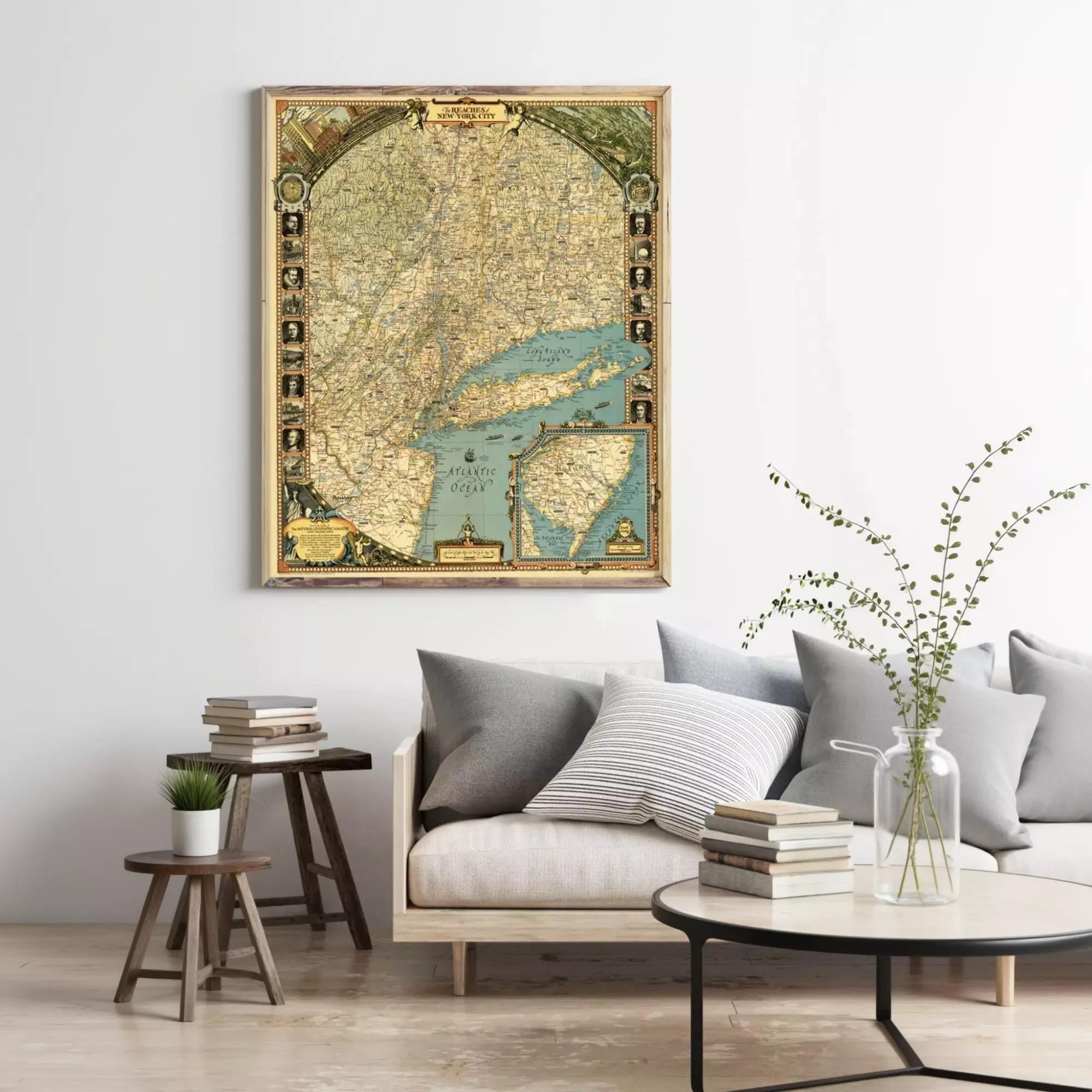 a large framed map of the United States hanging on a wall in a living room setting.