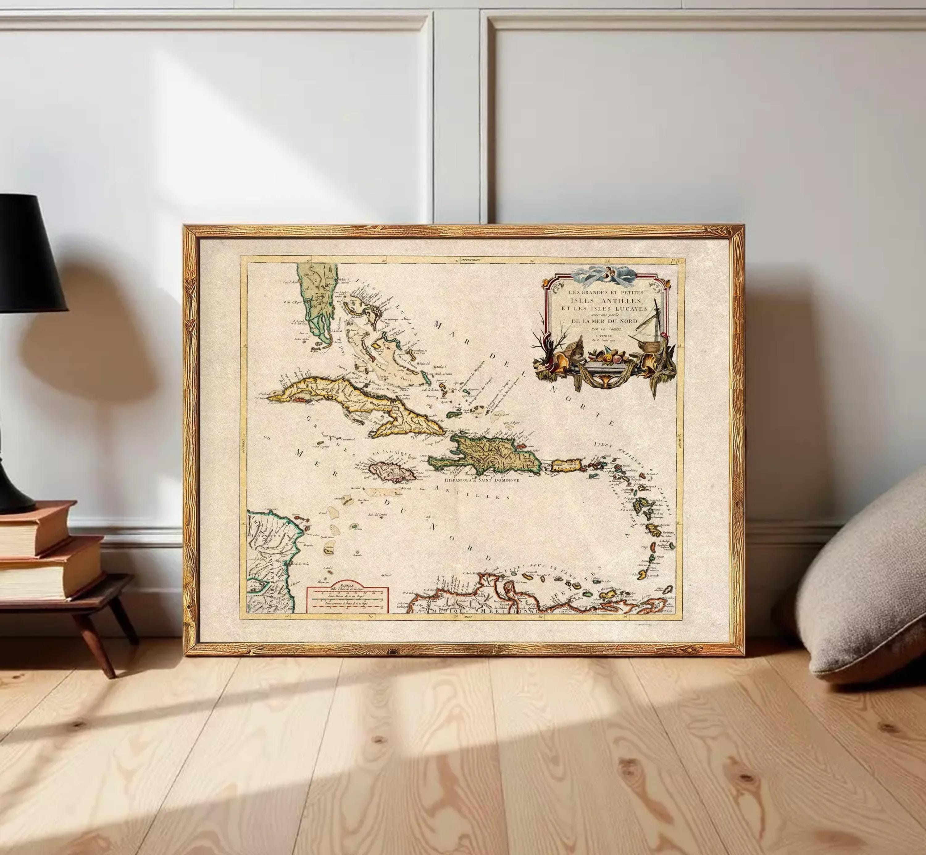 The image is a framed vintage map of the Caribbean region, depicting various islands and coastlines.