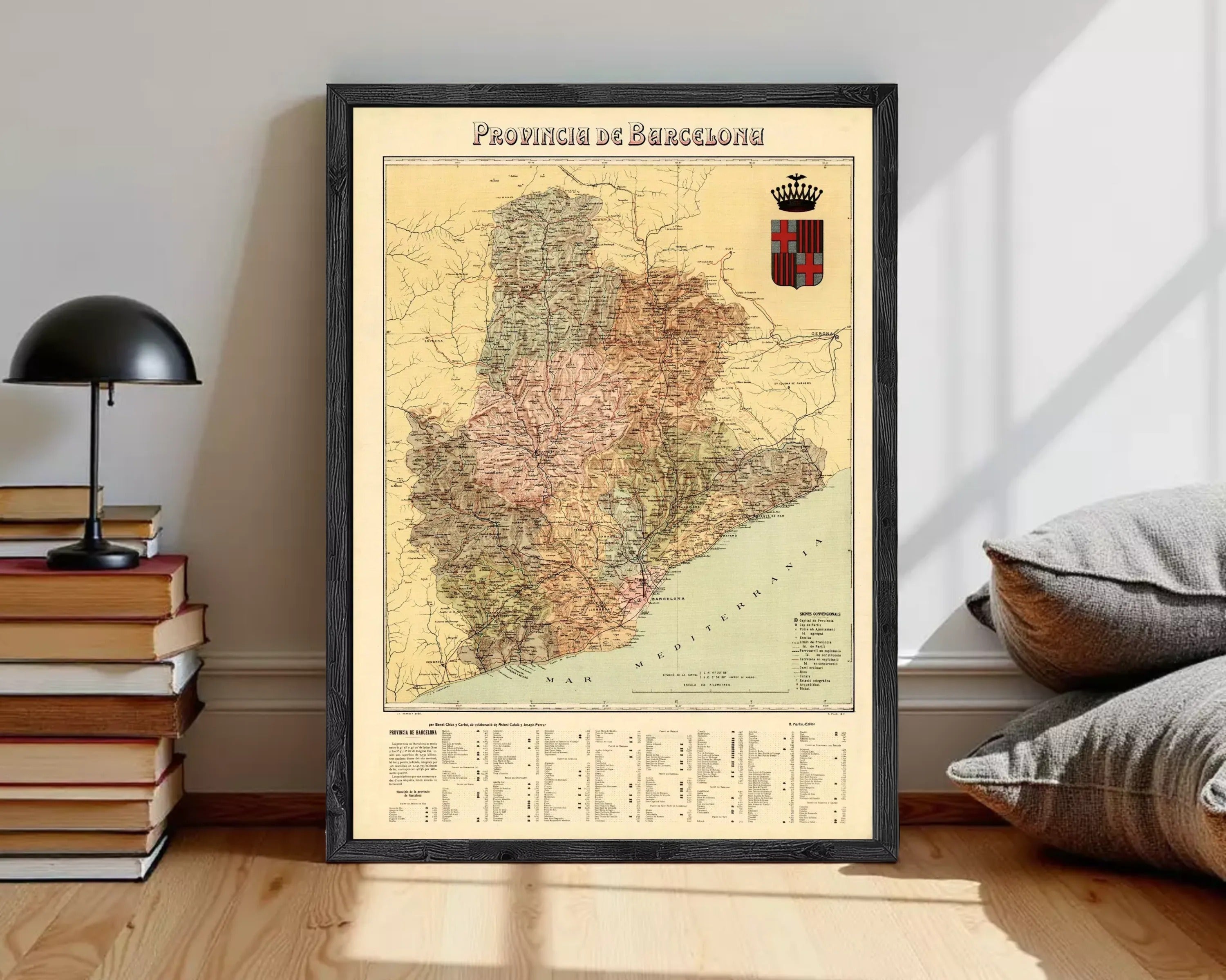 The image is a framed map of the Provincias de Barcelona, Spain, with a coat of arms on the right side.