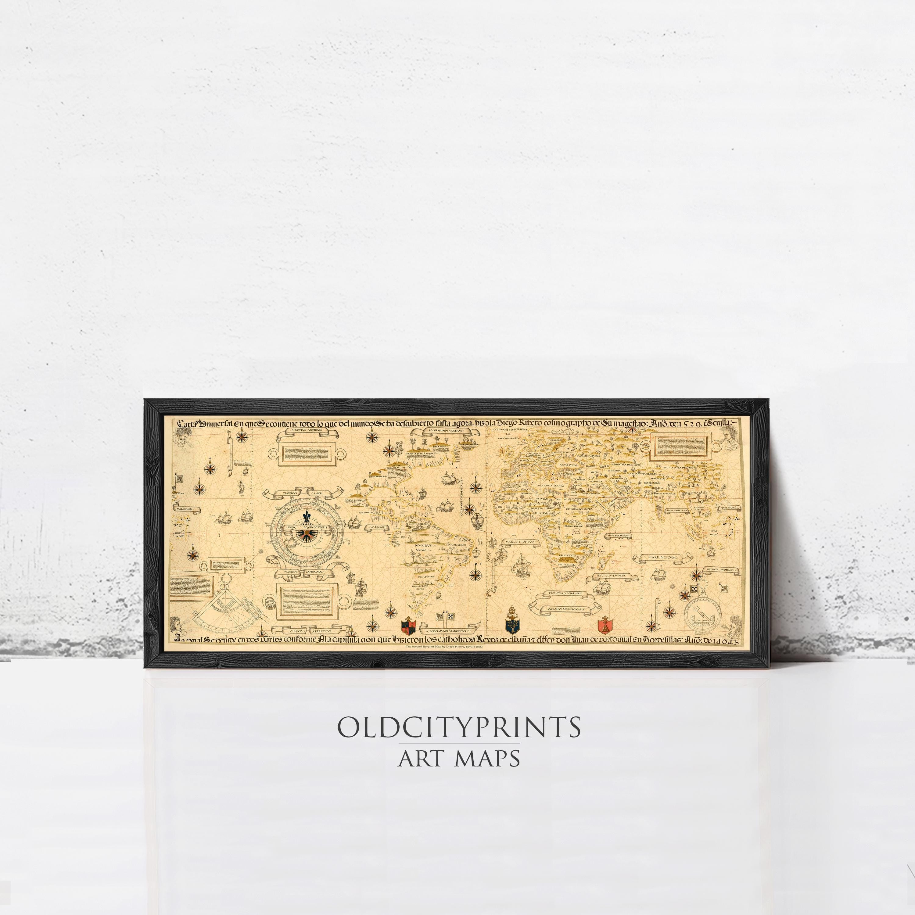 The image is a framed art print depicting a world map with various symbols and text.