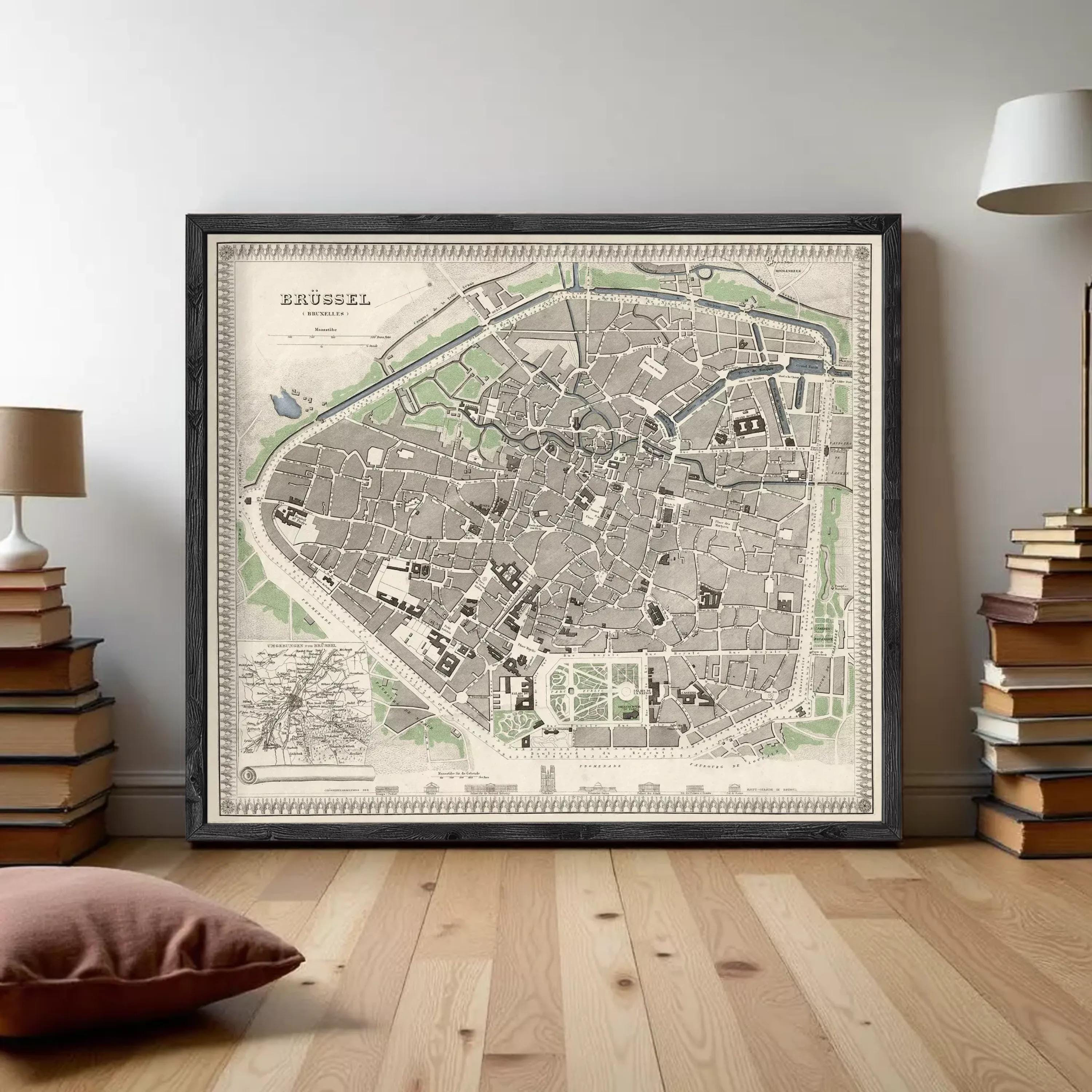 The image is a framed vintage map of Brussels, Belgium, depicting the city's layout and surrounding areas.