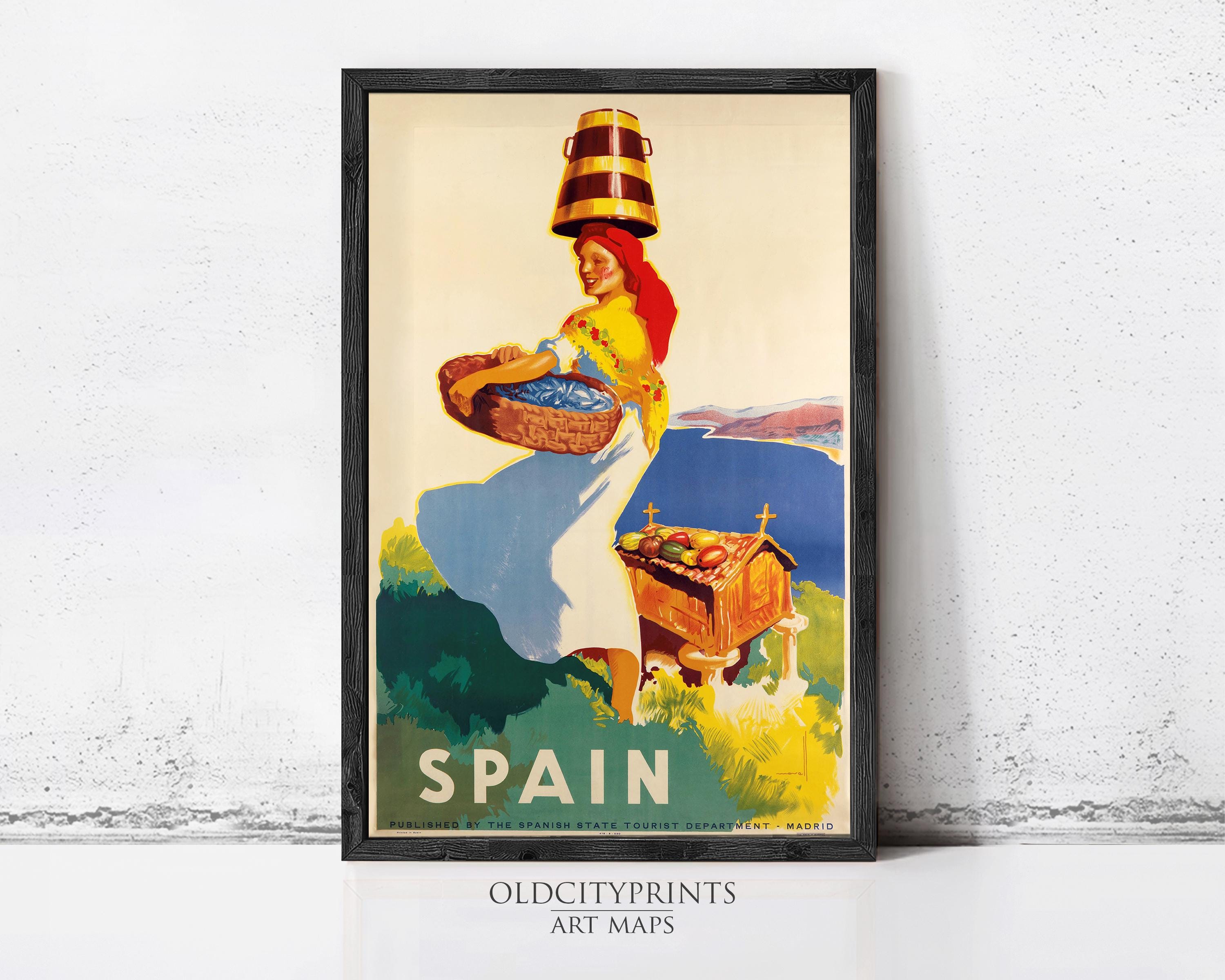 A framed vintage travel poster depicting a woman carrying a basket of blueberries, with a scenic landscape in the background.