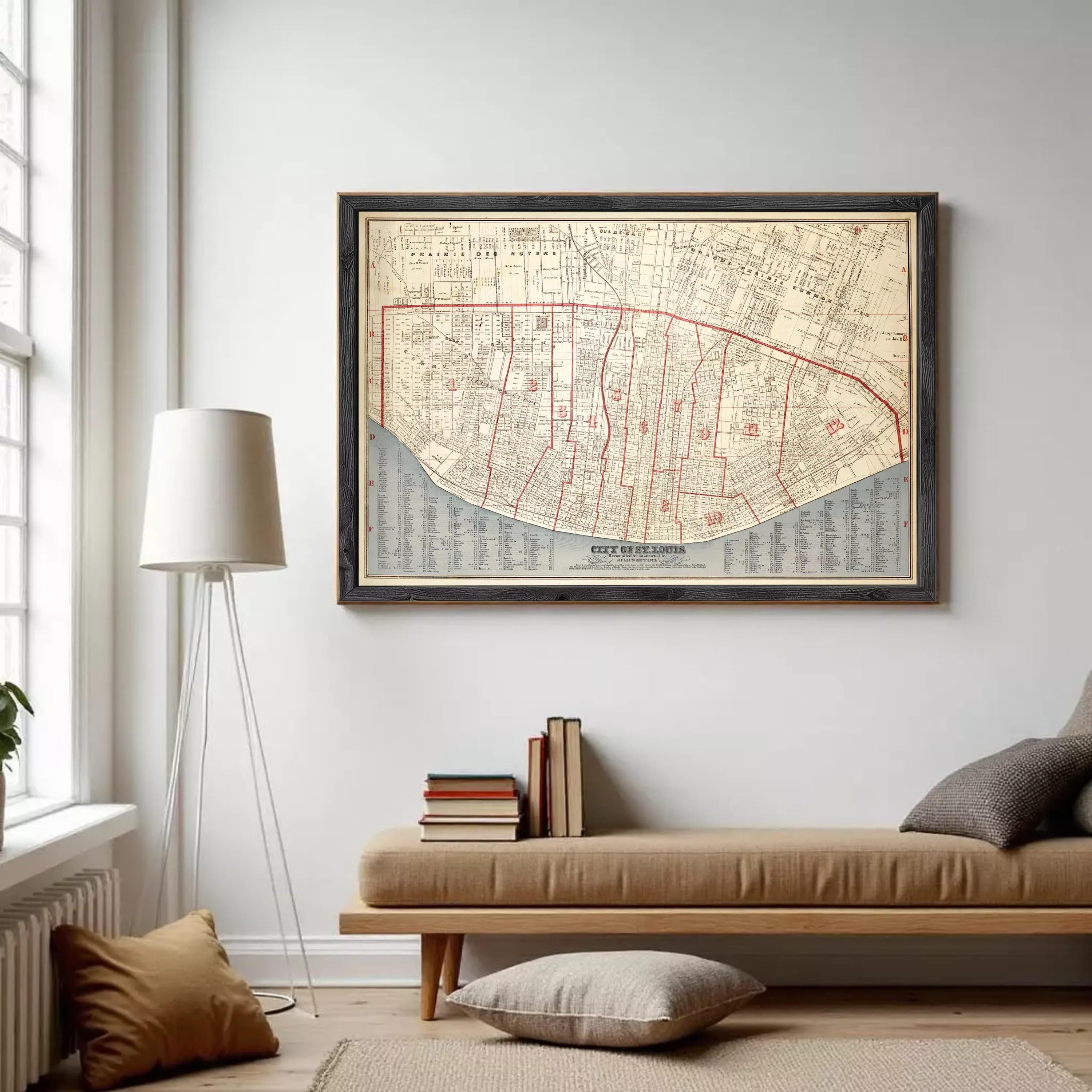 The image is a framed map of a city, likely New Orleans, with a detailed layout of streets, landmarks, and other geographical features.