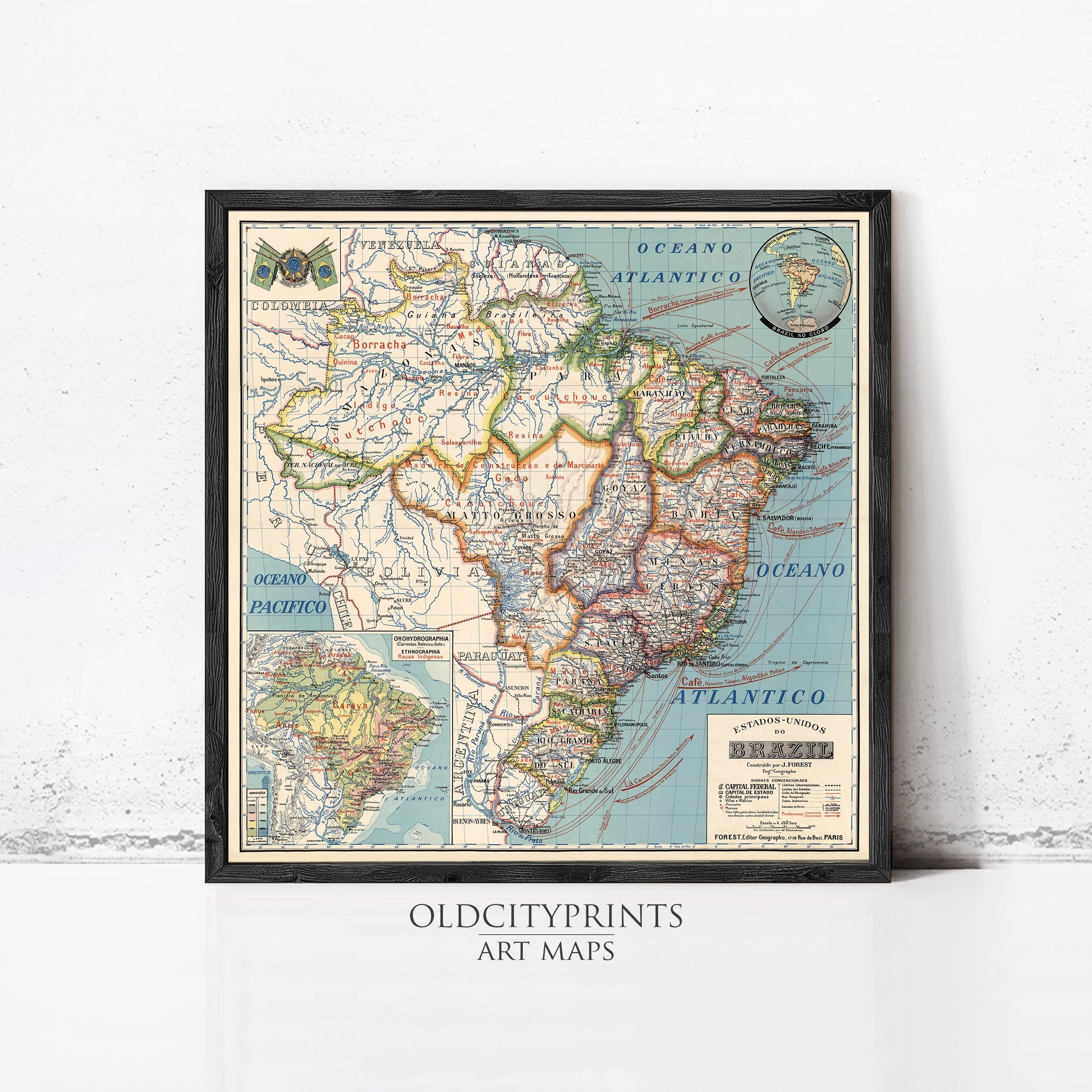 The image is a framed vintage map of Brazil, showing the country's geographical layout and surrounding regions.