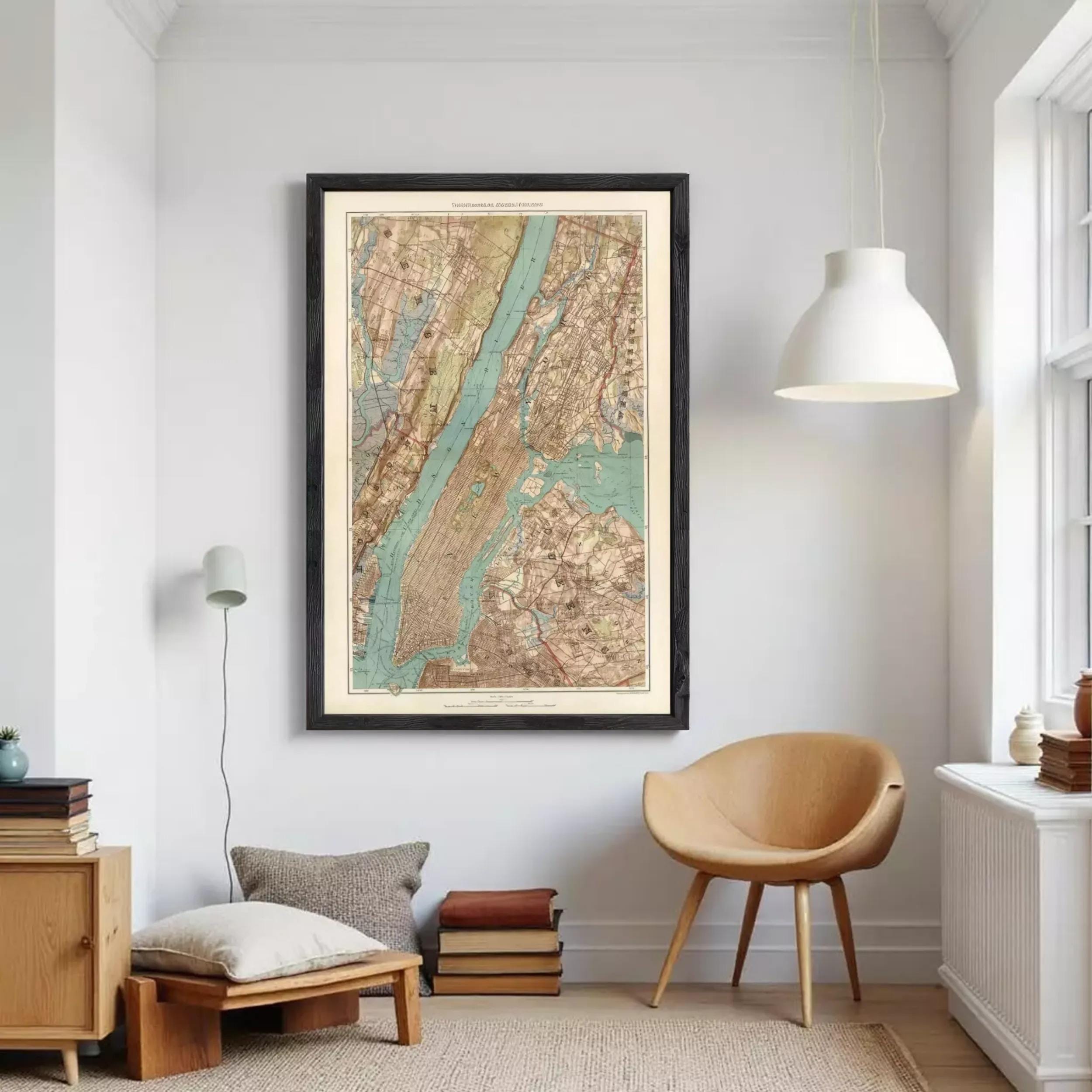 The image is a framed vintage map of New York City, depicting the city's streets, waterways, and surrounding areas.