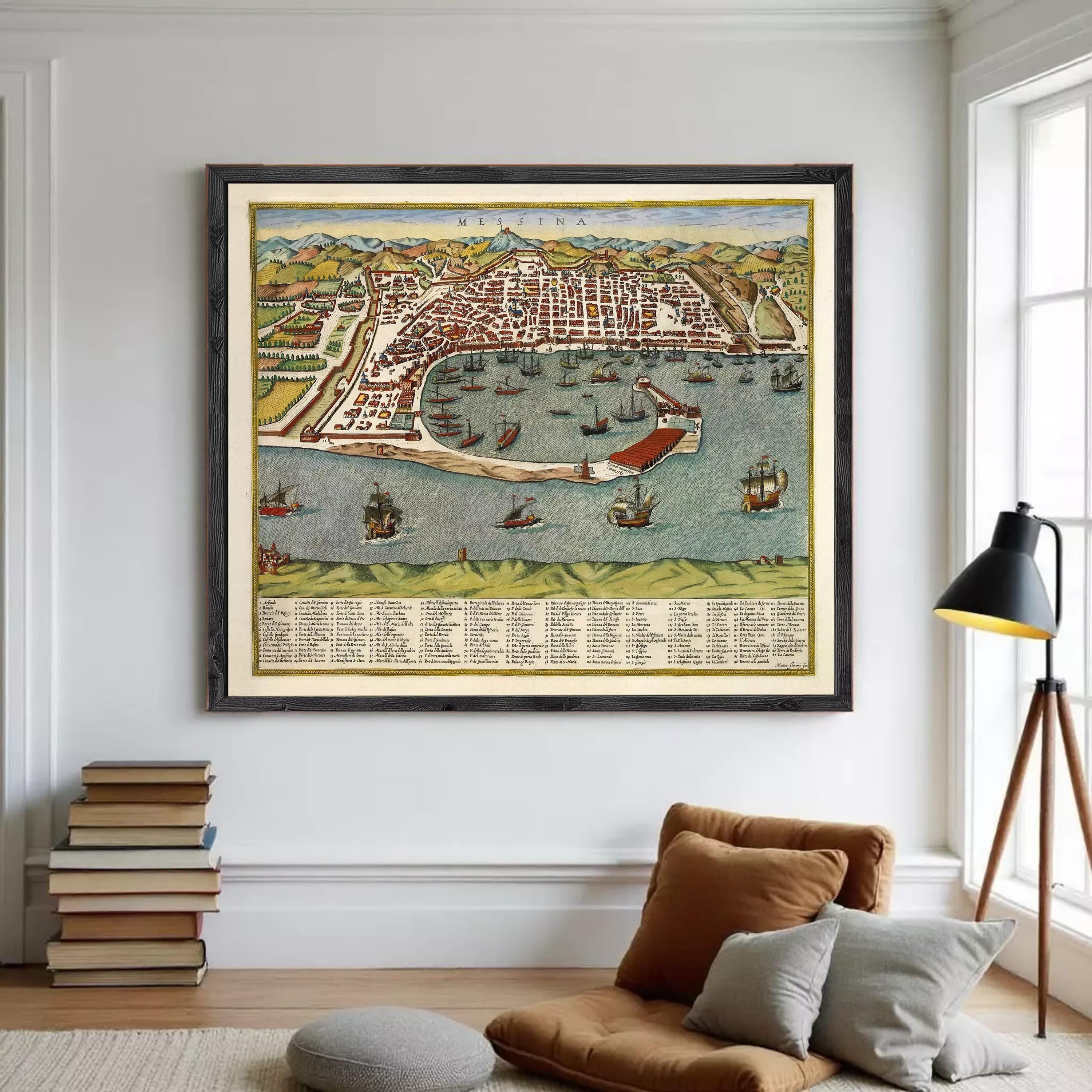 The image is a framed vintage map of a coastal city, depicting a bustling harbor filled with ships and boats.