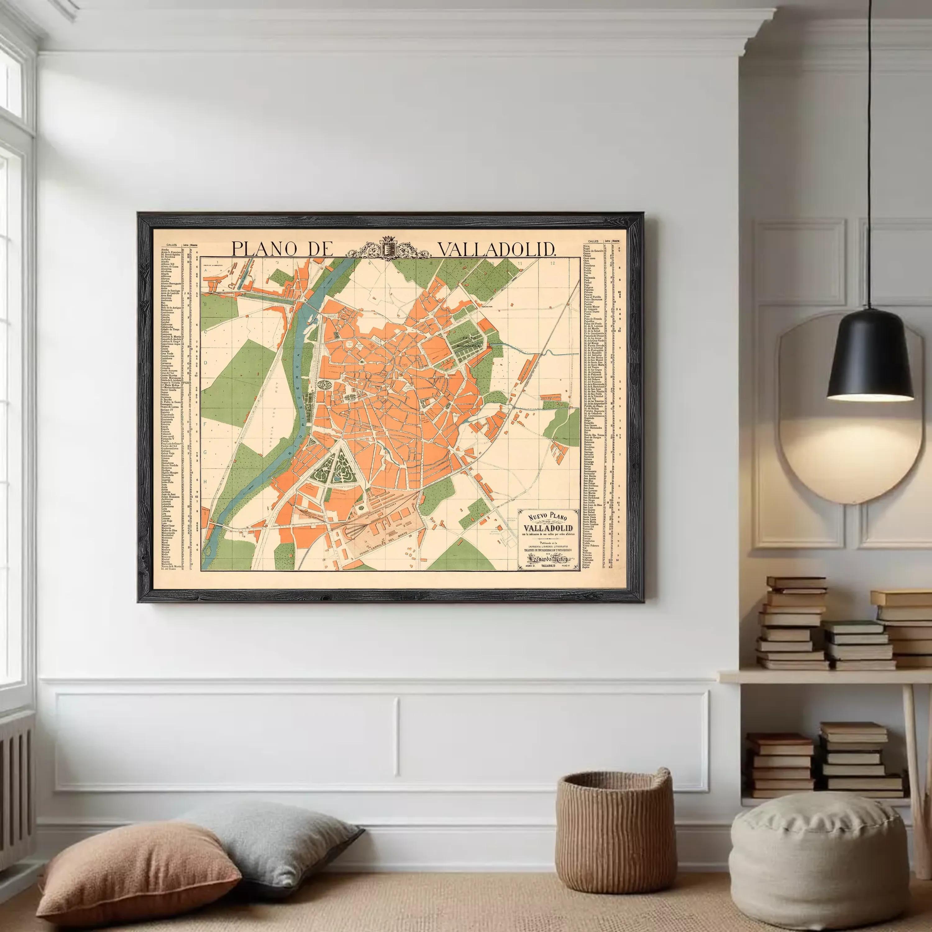 The image is a framed vintage map of Vallodol, showing the layout of the city and surrounding areas.