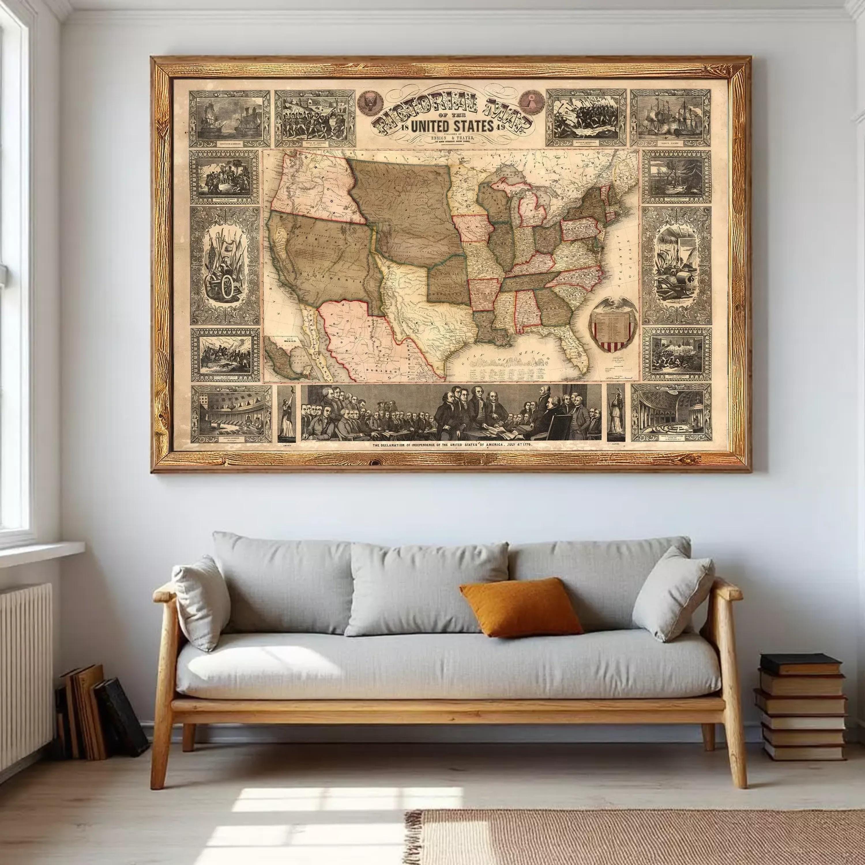 a large framed map of the United States hanging on a wall above a gray sofa with a wooden frame.