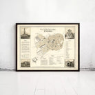 The image is a framed map of a city, likely Paris, with various buildings and landmarks depicted.