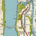 The image is a detailed map of a city, showing streets, landmarks, and transportation routes.