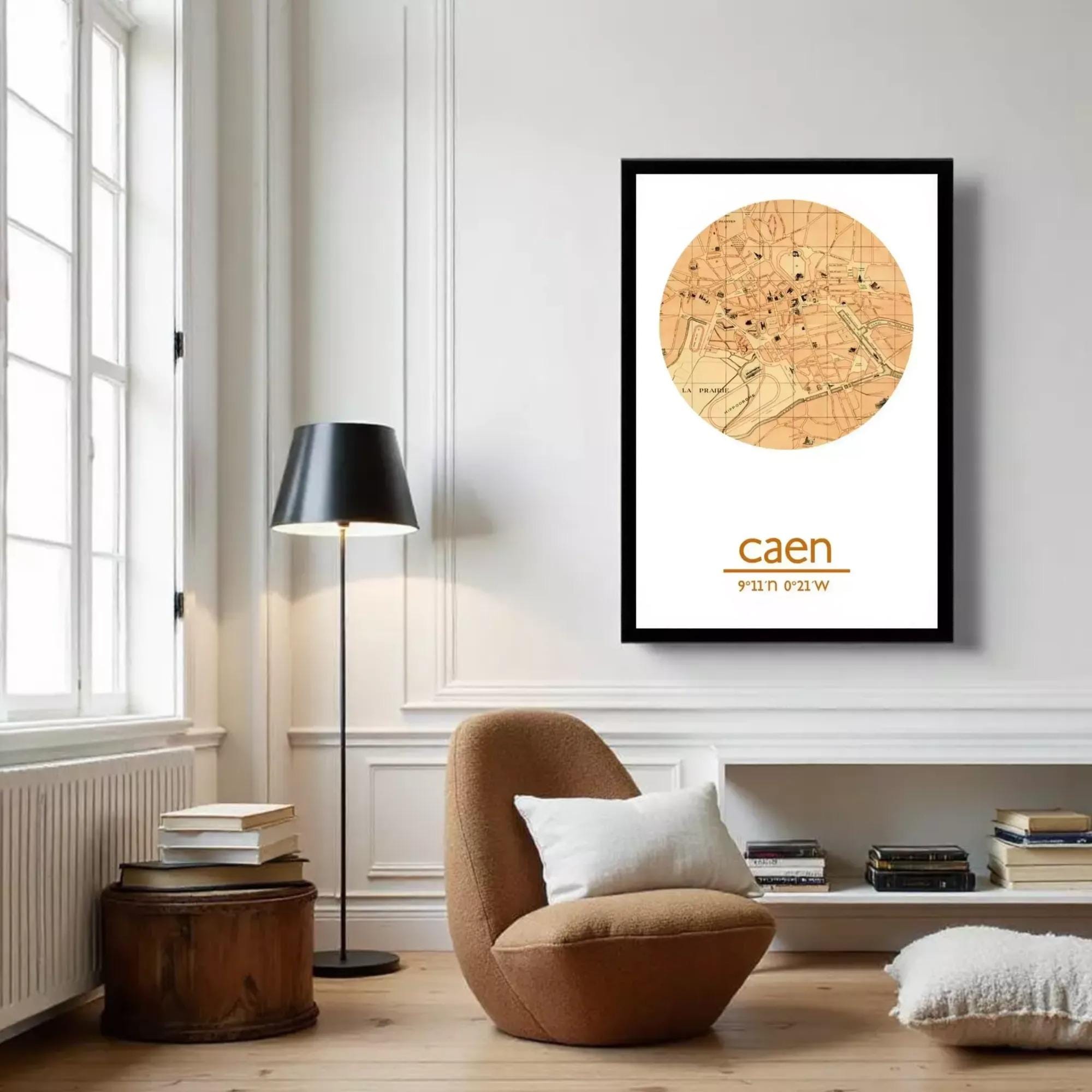 The image is a framed print of a map of Caen, France, with the name 'caen' written below it.