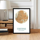 A framed map of Memphis, Tennessee, with the city's location and coordinates printed on it.