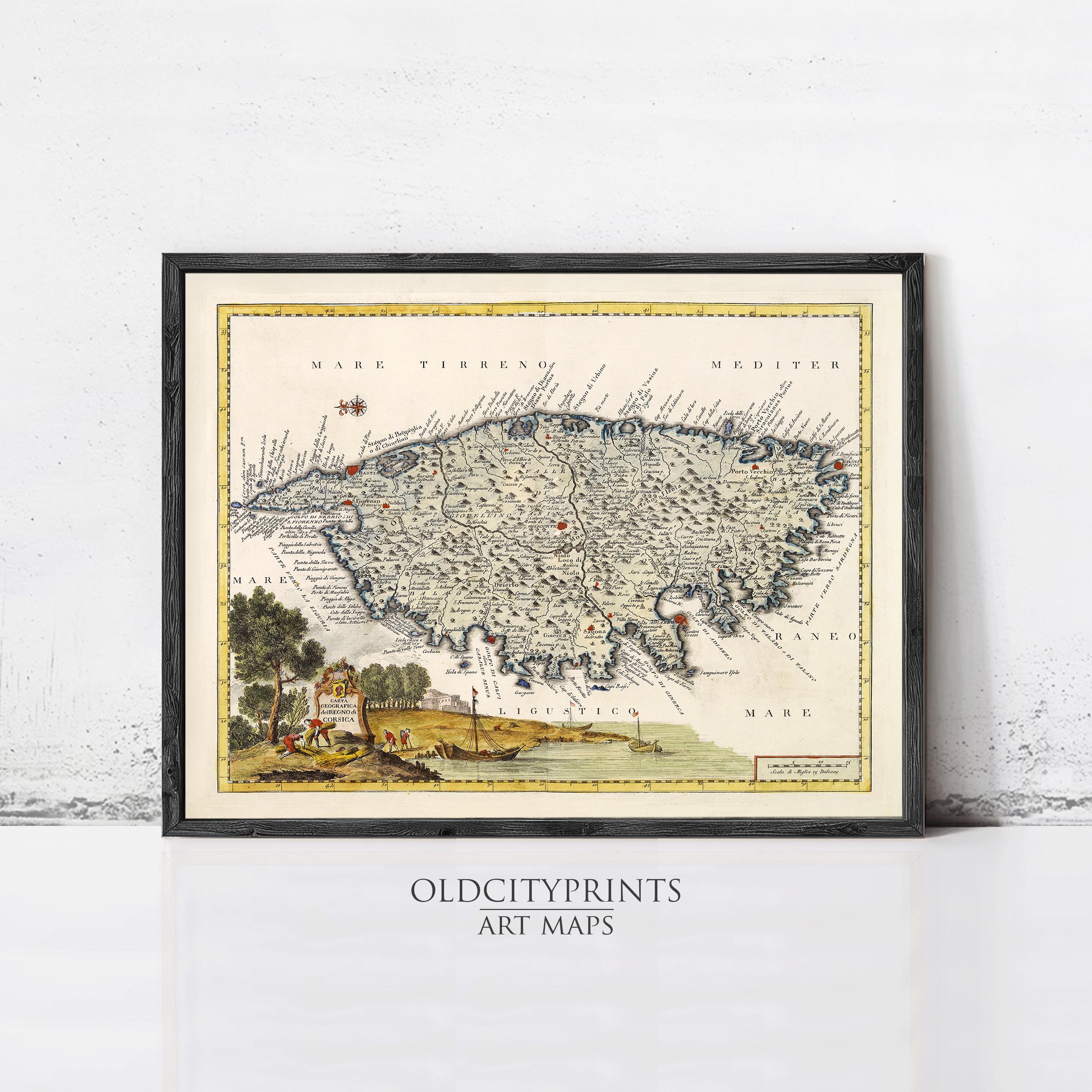 The image is a framed vintage map of a region, likely a country or region, with a detailed illustration of the landscape and surrounding areas.