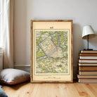 The image is a framed vintage map of Hue, Vietnam, with a wooden frame.