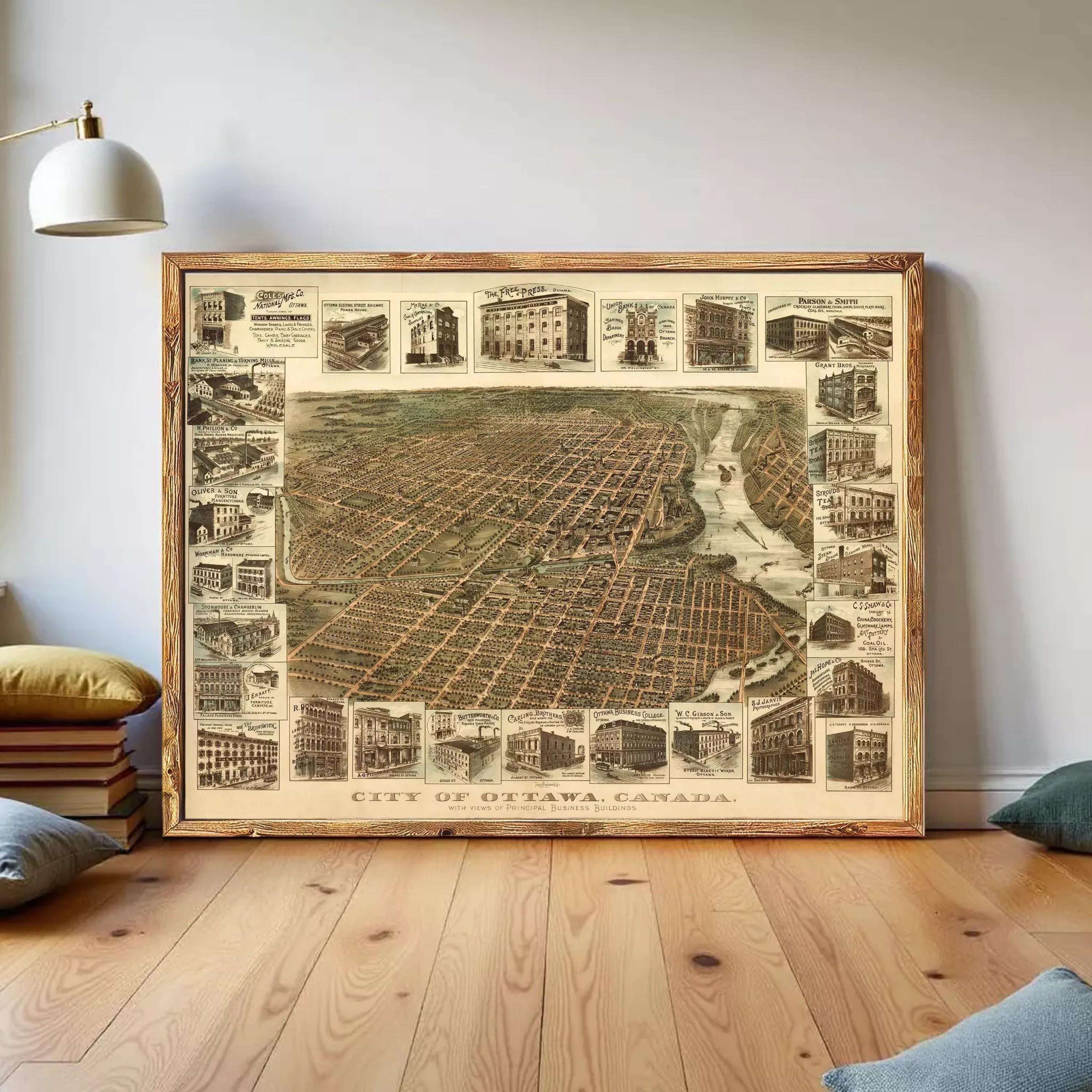 The image is a framed map of the City of Ottawa, Canada, depicting various buildings and landmarks within the city.