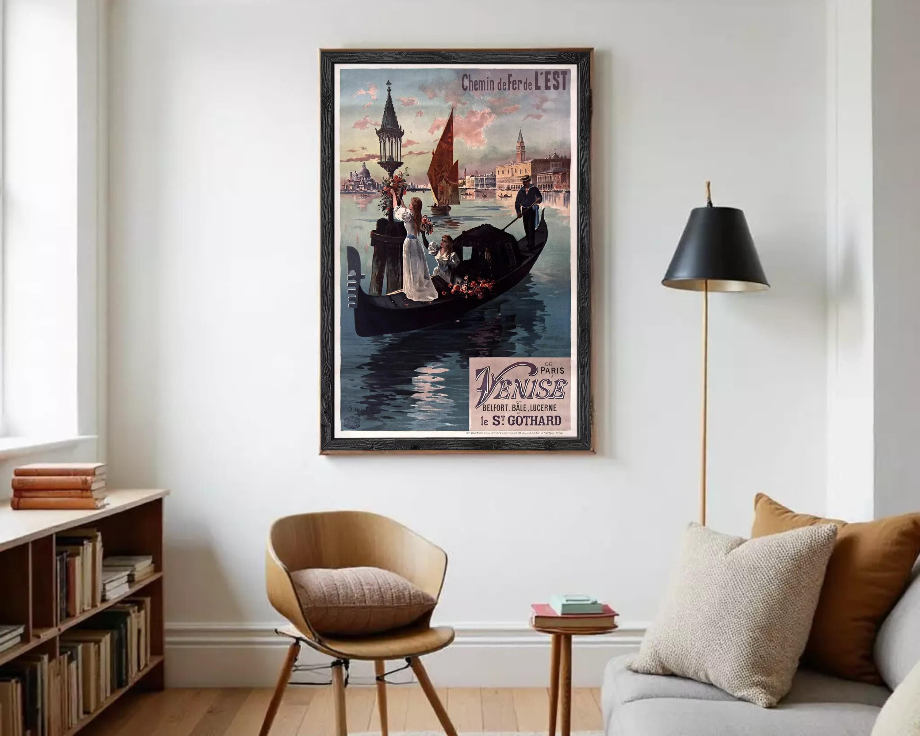 The image is a framed vintage advertisement poster for the gondola service in Venice, Italy. It features a gondola with passengers on board, surrounded by the city's iconic landmarks and canals.