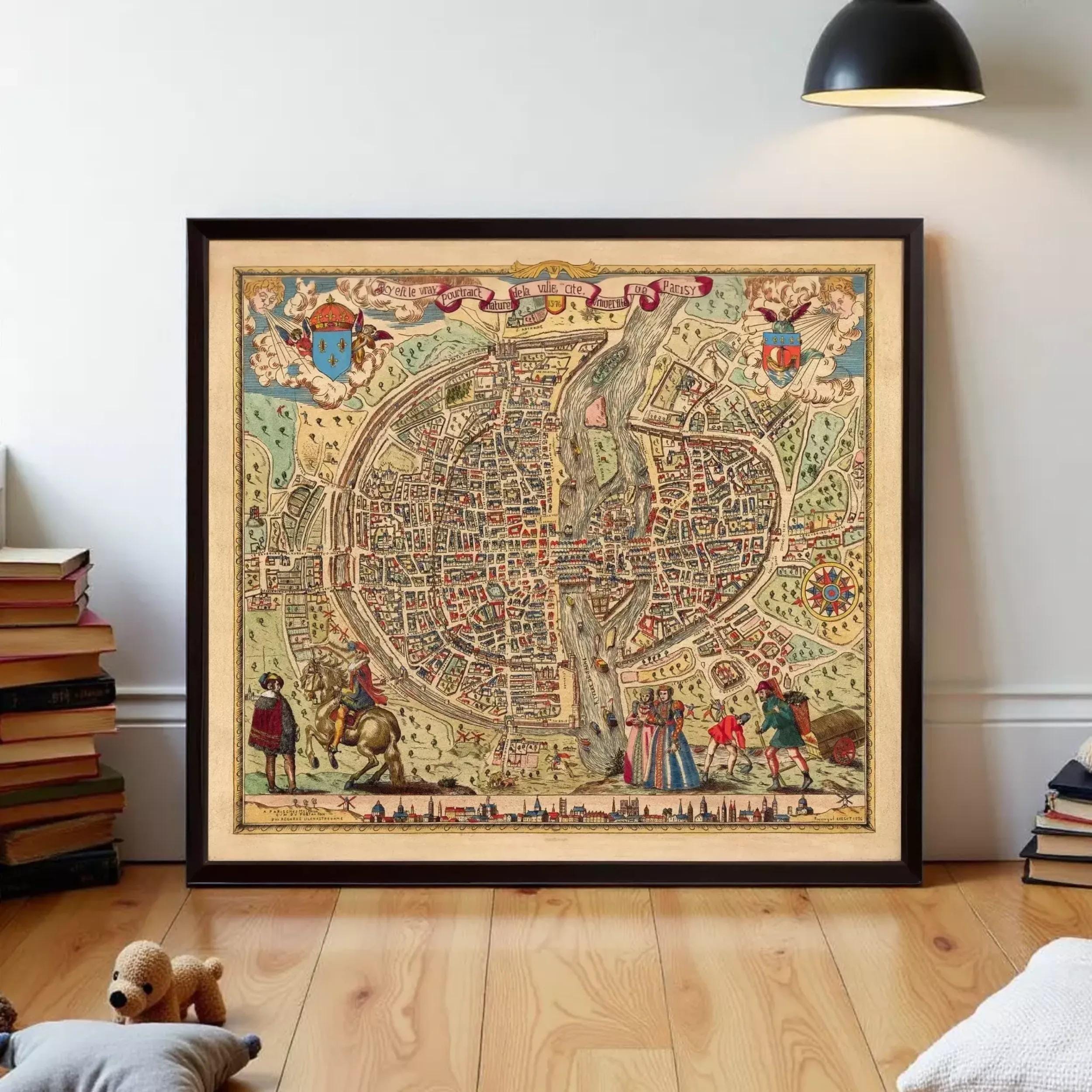 a large, colorful, and detailed map of a city, possibly a medieval or fantasy setting, displayed on a wall.
