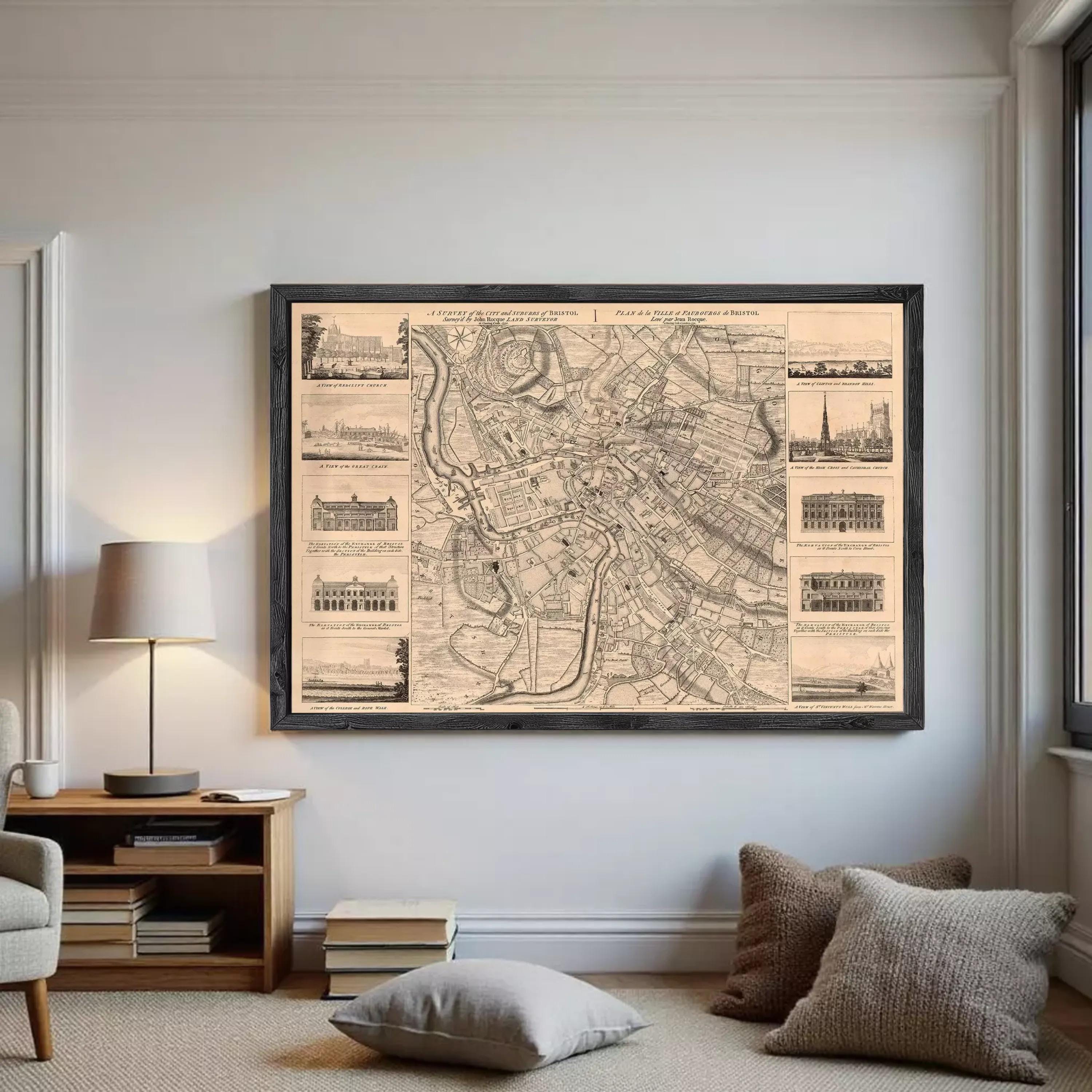 The image is a framed map of a city, showing various landmarks and buildings.