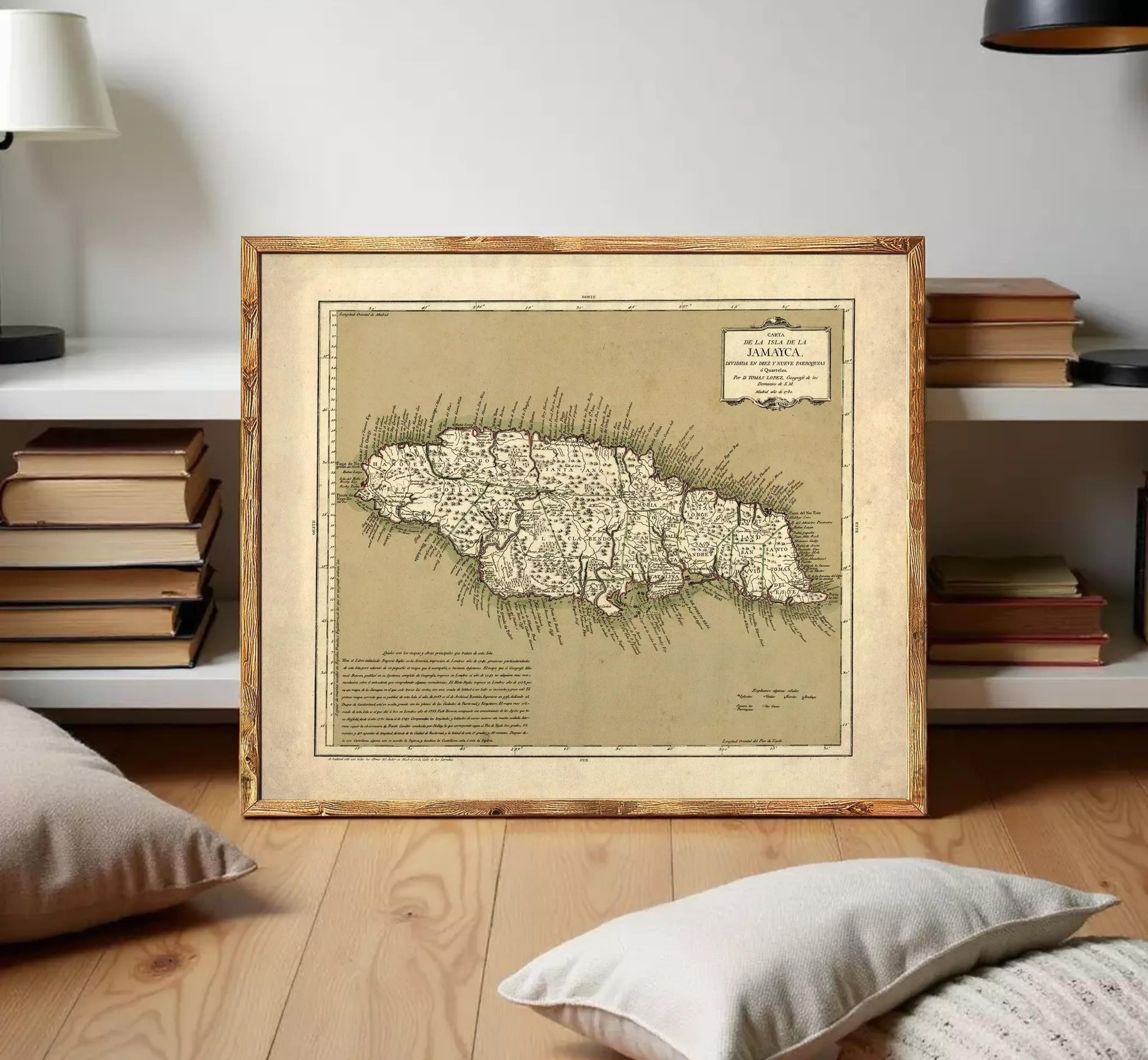 The image is a framed vintage map of Jamaica, depicting the country's geographical layout and boundaries.