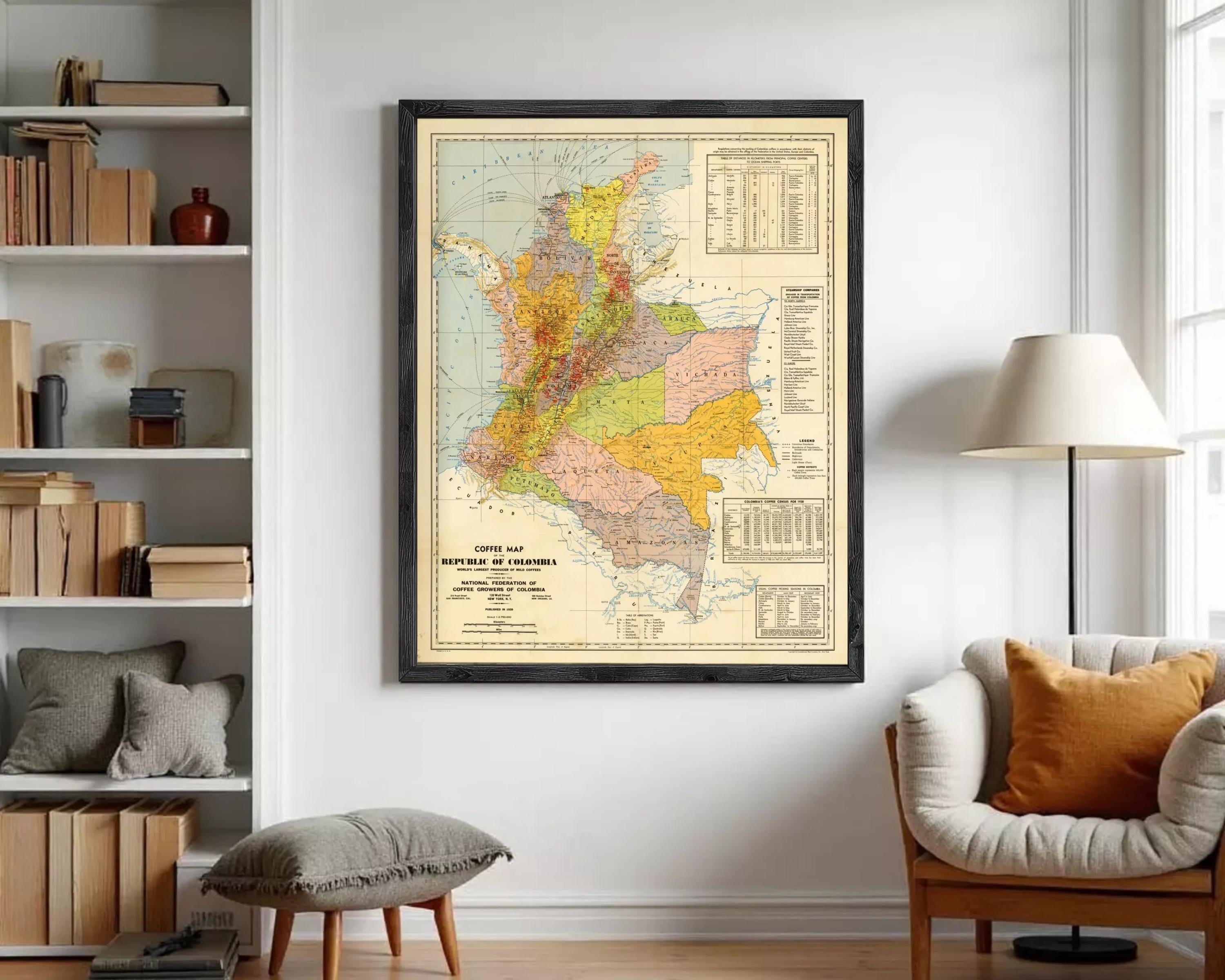 The image is a framed vintage map of the Republic of Colombia, depicting the country's geographical layout and boundaries.