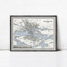 The image is a framed map of Stockholm, Sweden, depicting the city's layout and surrounding waterways.