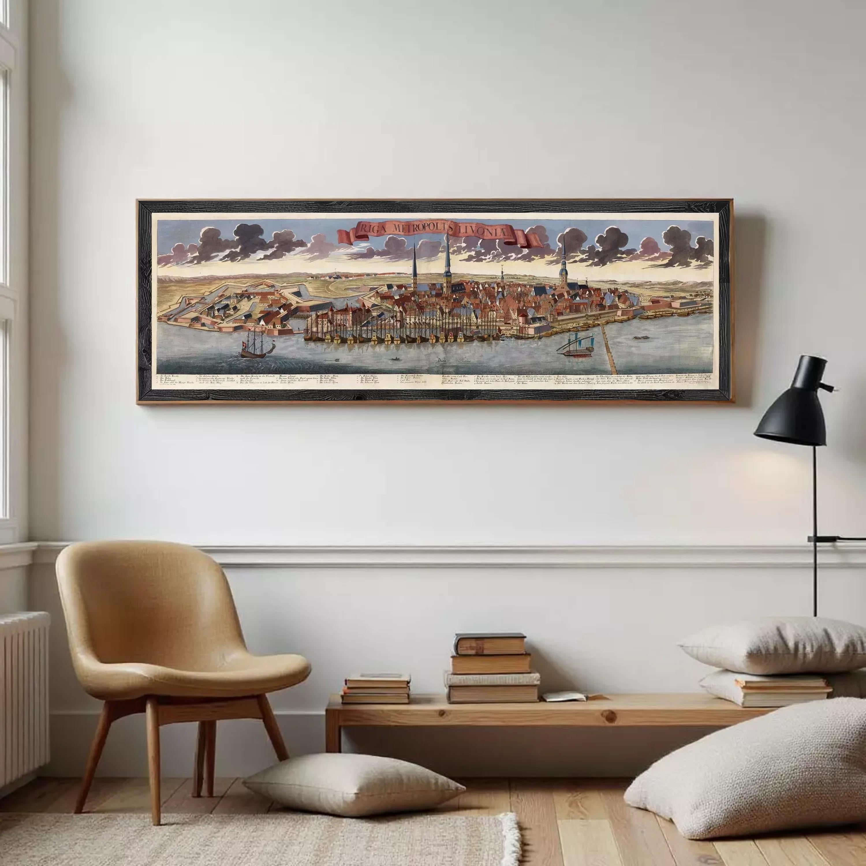 A framed painting depicting a cityscape with boats and ships in the water, set against a cloudy sky.