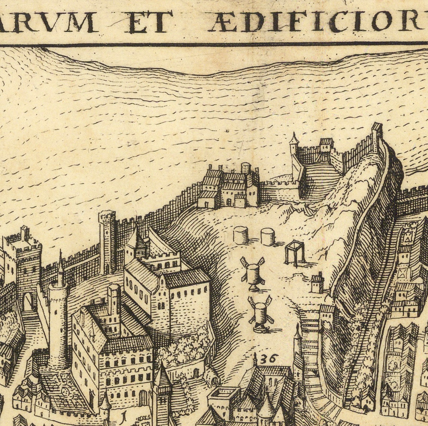 The image is a detailed map of a city, featuring various buildings, structures, and landmarks. The map is in black and white and appears to be from the 16th century.