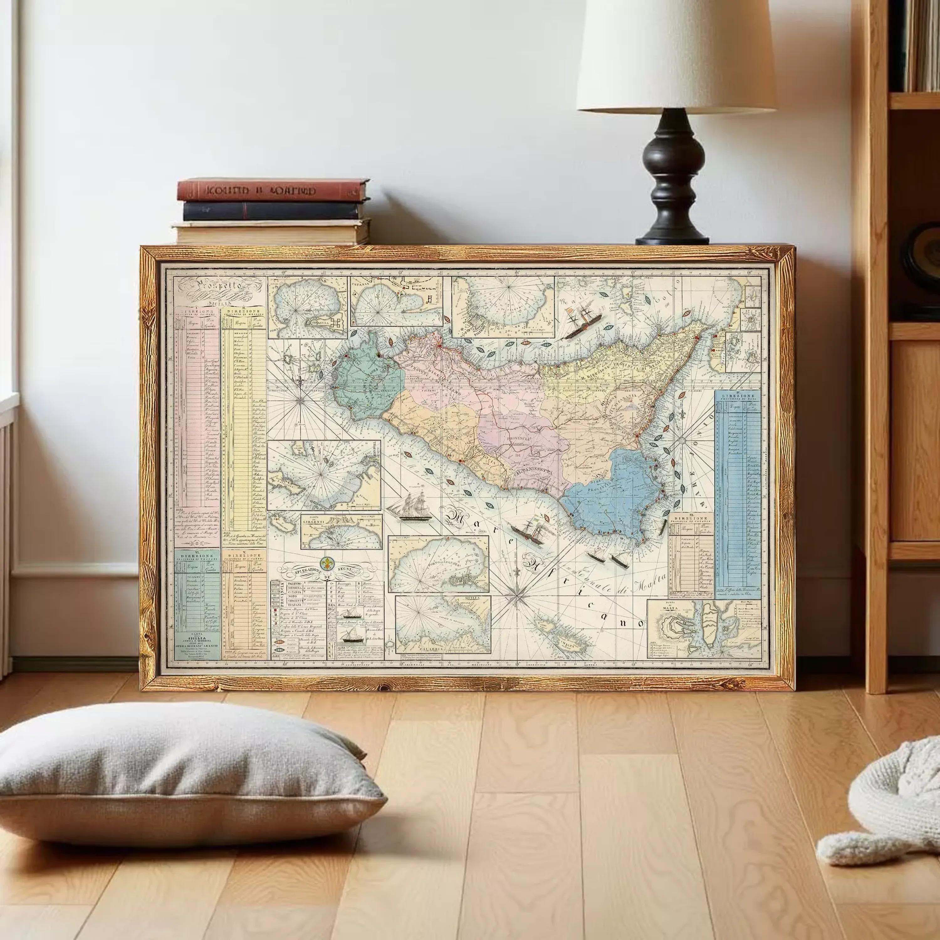 The image is a framed vintage map of the Mediterranean region, featuring detailed cartography and geographical information.