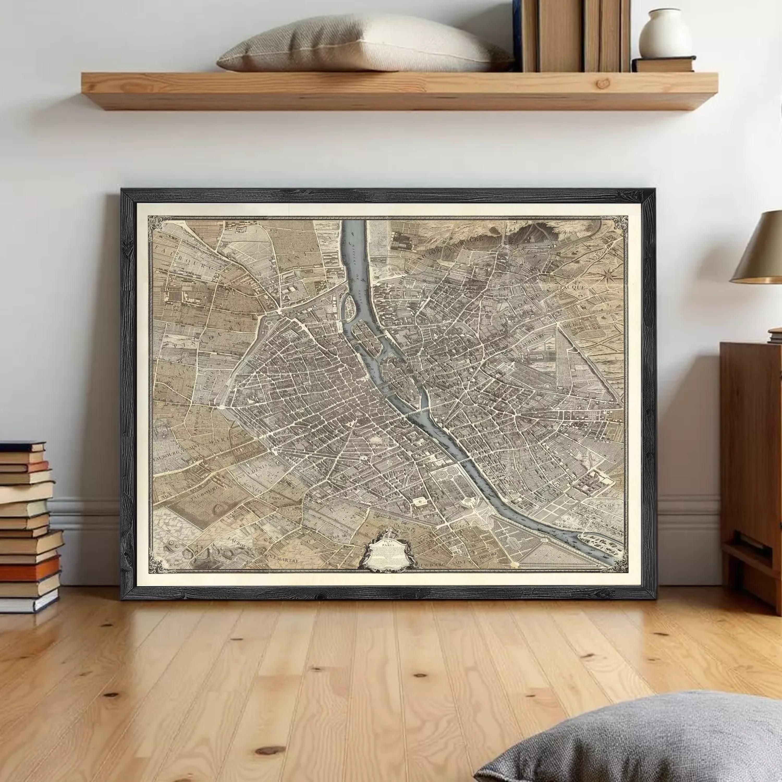 The image is a framed map of a city, likely Paris, with a detailed and intricate layout of streets, rivers, and other landmarks.