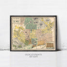 The image is a framed vintage map of Barcelona, Spain, depicting the city's streets, landmarks, and surrounding areas.