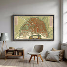 The image is a framed map of a city, depicting a detailed layout of streets, buildings, and other urban features.