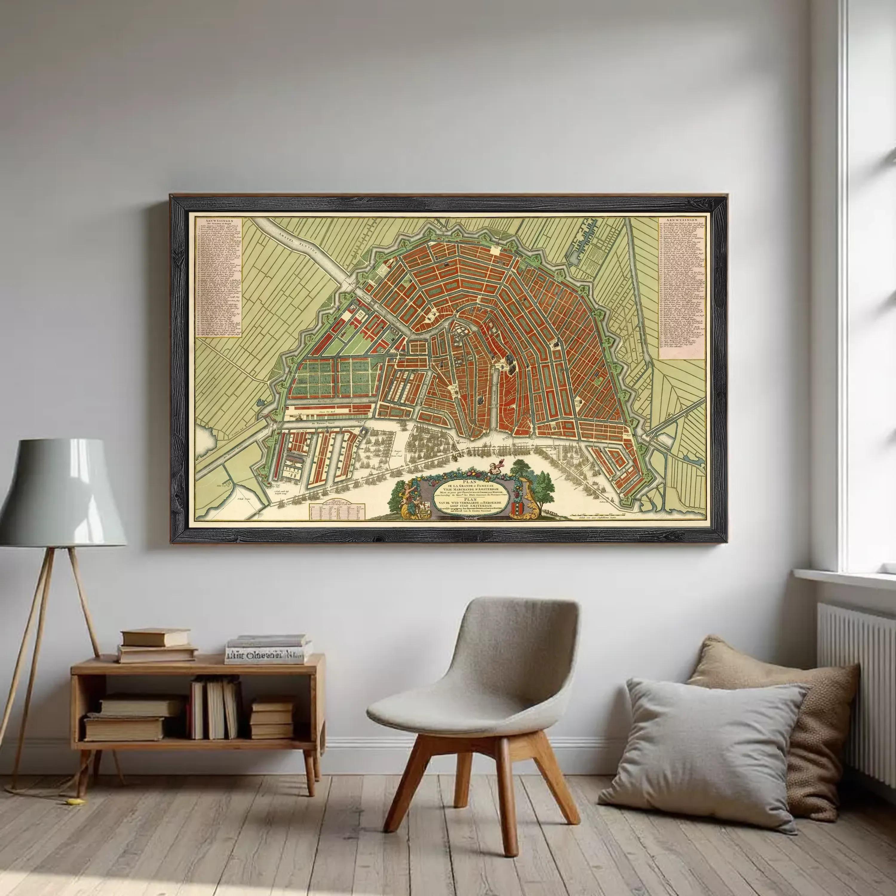 The image is a framed map of a city, depicting a detailed layout of streets, buildings, and other urban features.