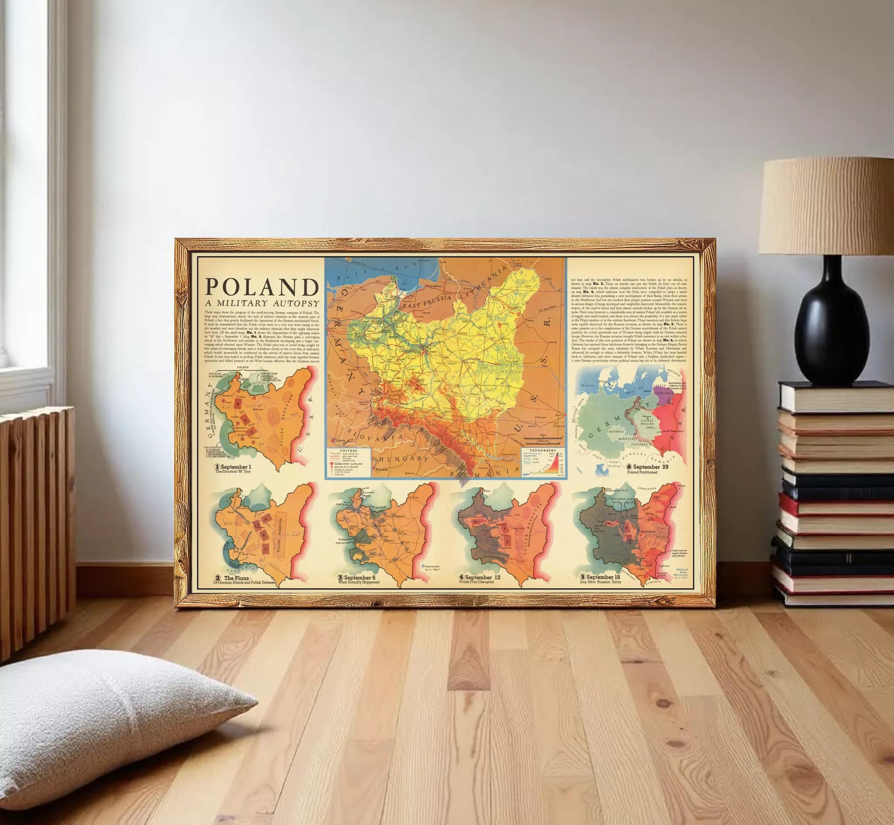 The image is a framed map of Poland, depicting the country's geographical layout and military Autony.